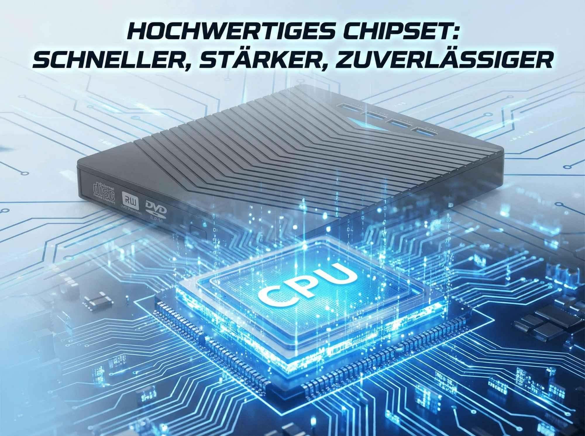 Computerkomponente mit CPU-Aufschrift. Der Text oben lautet: „Schneller, stärker, zuverlässiger“.