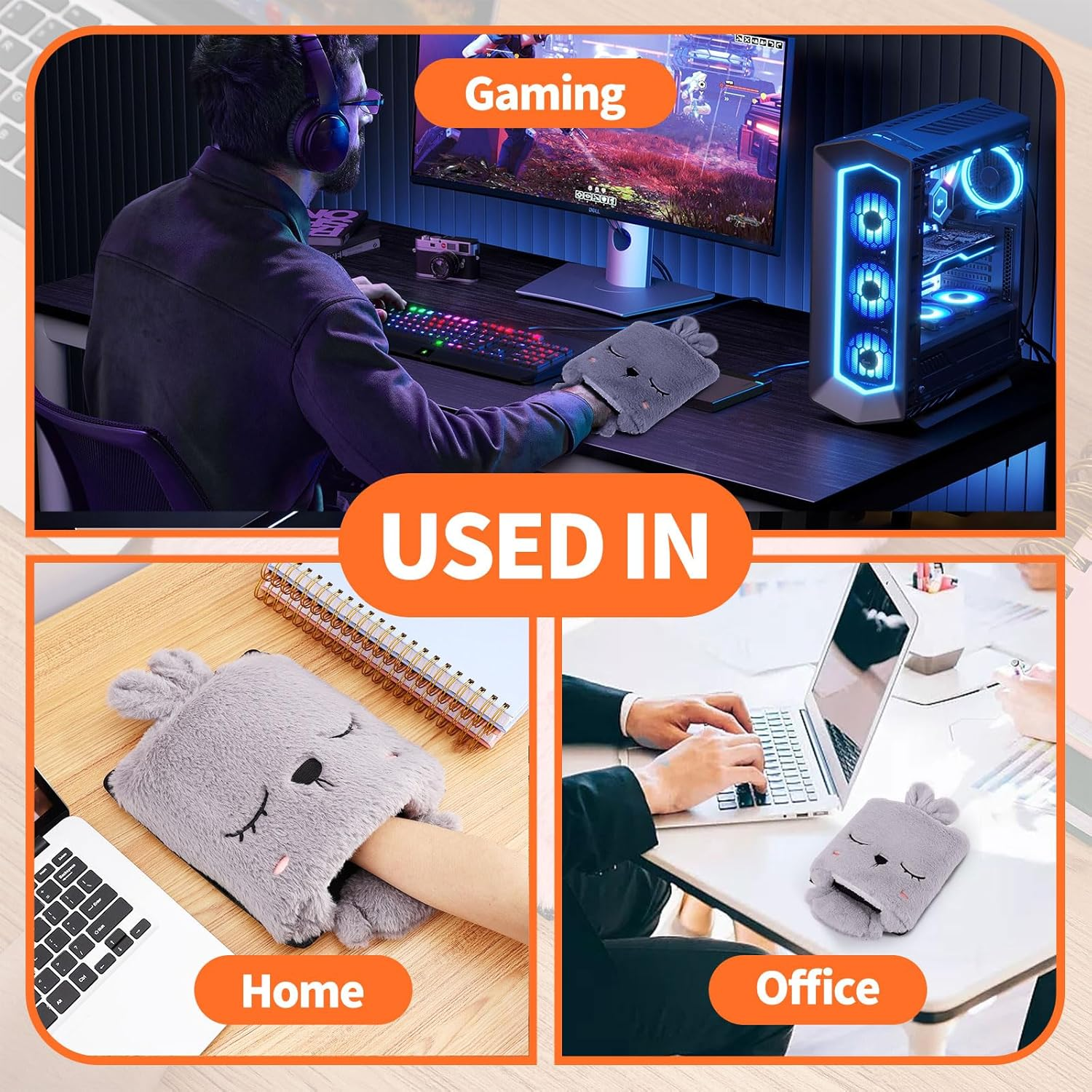 Das Bild zeigt ein Gaming-Setup, einen Handwärmer und ein Büro-Setup. Szenen umfassen einen Gamer, Heim- und Büroumgebungen mit dem Wärmer.