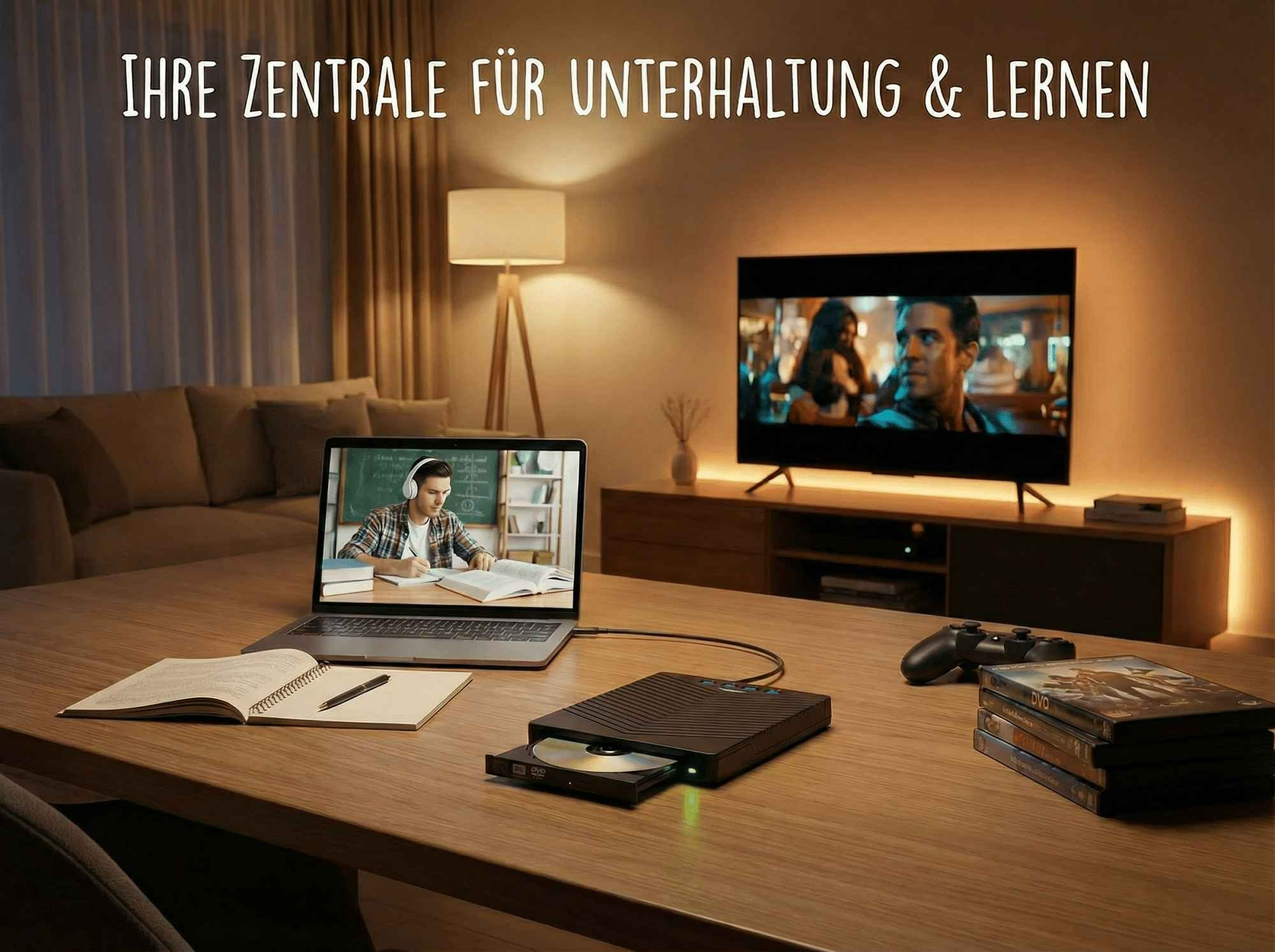 Ein Laptop mit einem Schüler, ein DVD-Laufwerk mit einer Disc, ein Fernseher mit einem Film, ein Controller und DVDs liegen auf einem Tisch.