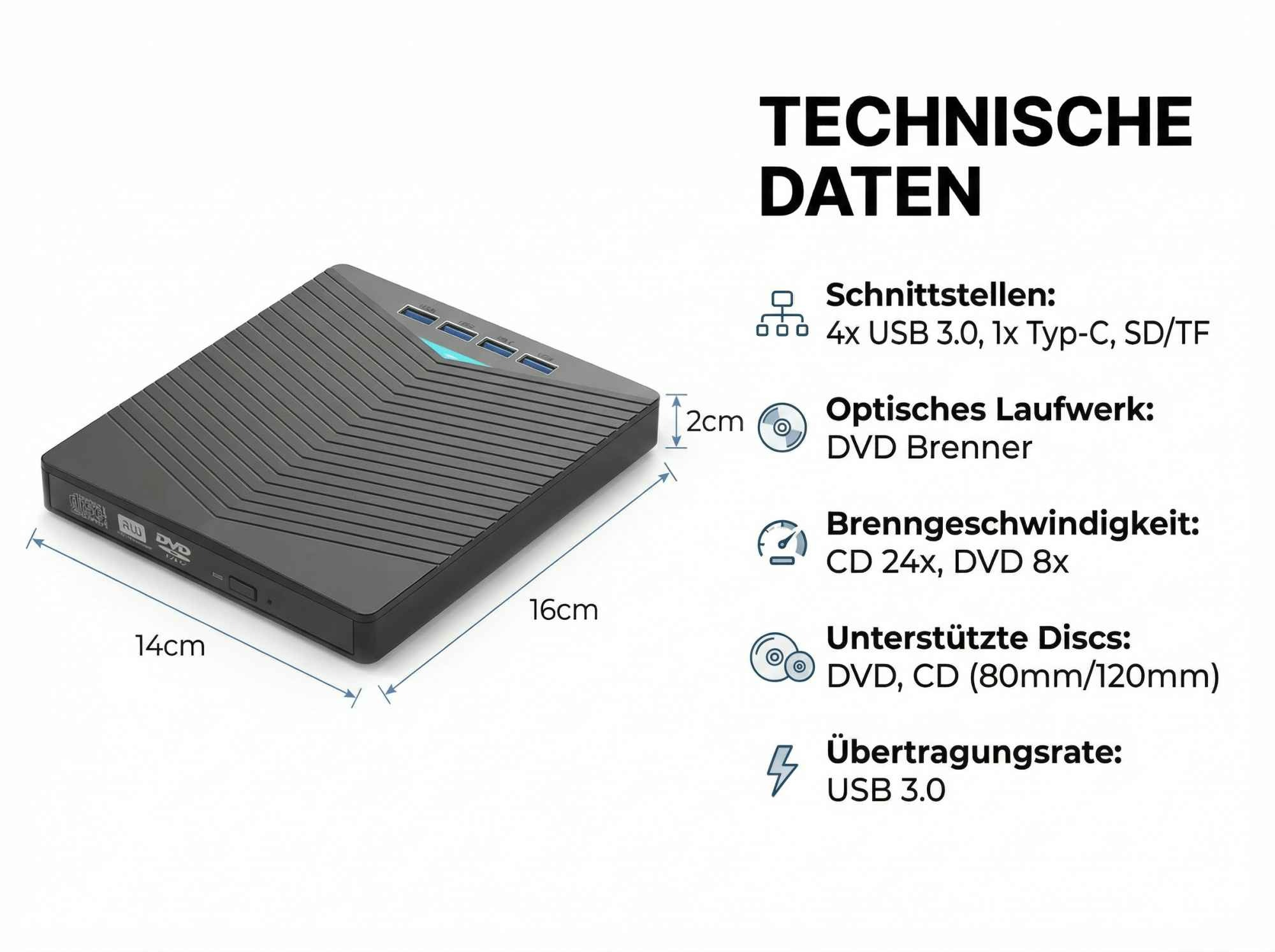 Ein schwarzes DVD-Laufwerk mit technischen Daten. Zeigt Anschlüsse, Abmessungen, Disc-Typen und Übertragungsrate.