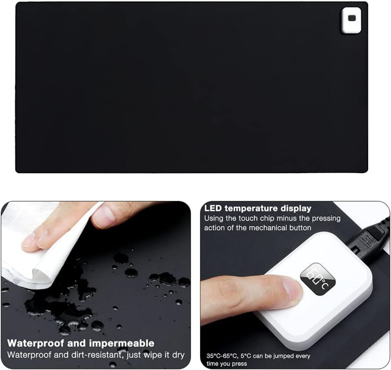 Eine schwarze Matte mit weißer Steuerbox und weißem Tuch, das Wasser abwischt. Die Box zeigt die Temperatur. Die Matte ist wasserdicht.