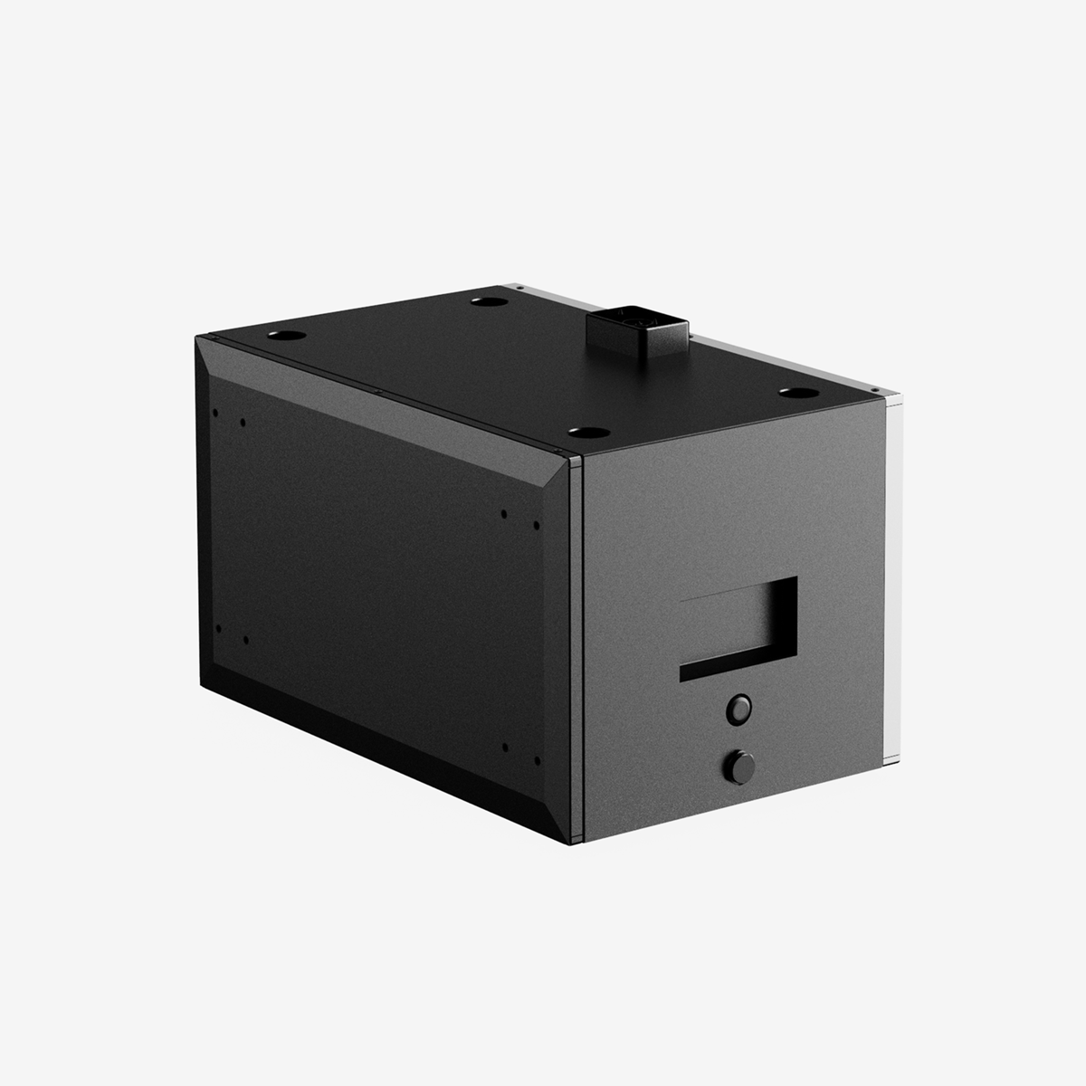 A black rectangular device with a small rectangular protrusion on top. It has a recessed area and two round buttons on the front.