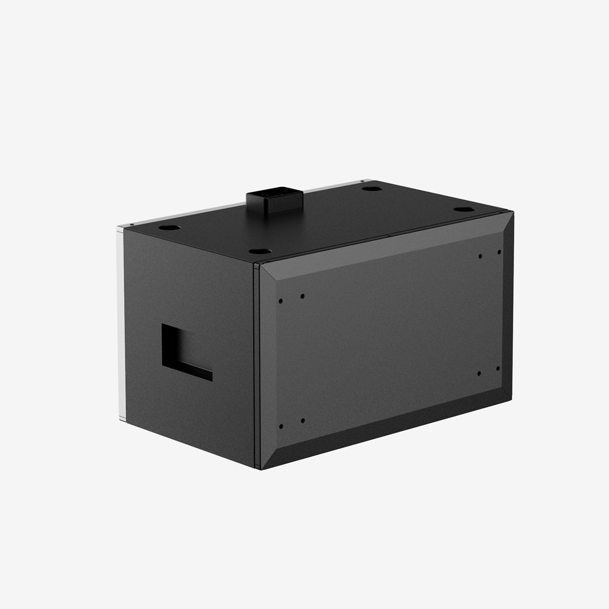 A black rectangular box with a protruding top piece and a side cutout, set against a white background.