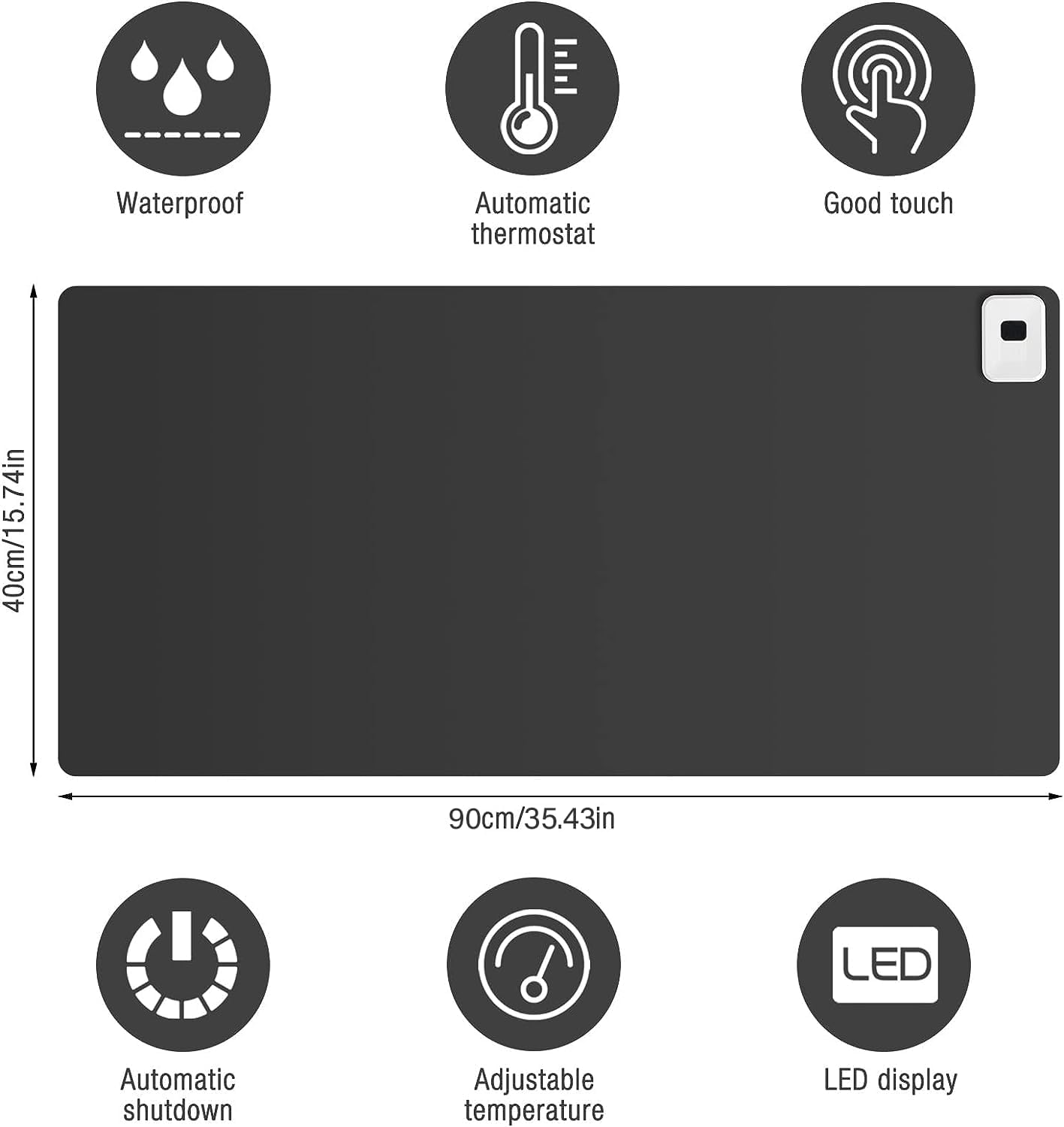 Eine schwarze Schreibtischunterlage mit Symbolen für Funktionen wie wasserdicht, automatischer Thermostat und einstellbare Temperatur. Abmessungen.