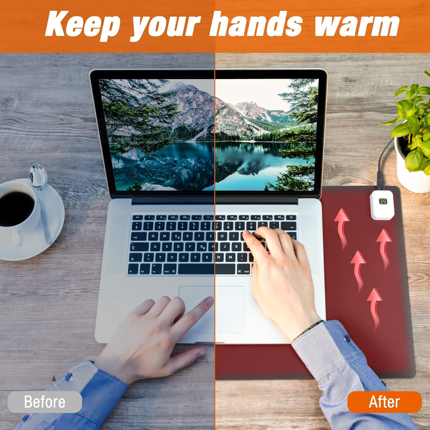 Ein Laptop mit Händen darauf. Vorher- und Nachher-Anzeige, mit einem warmen Pad und einer Tasse Kaffee.