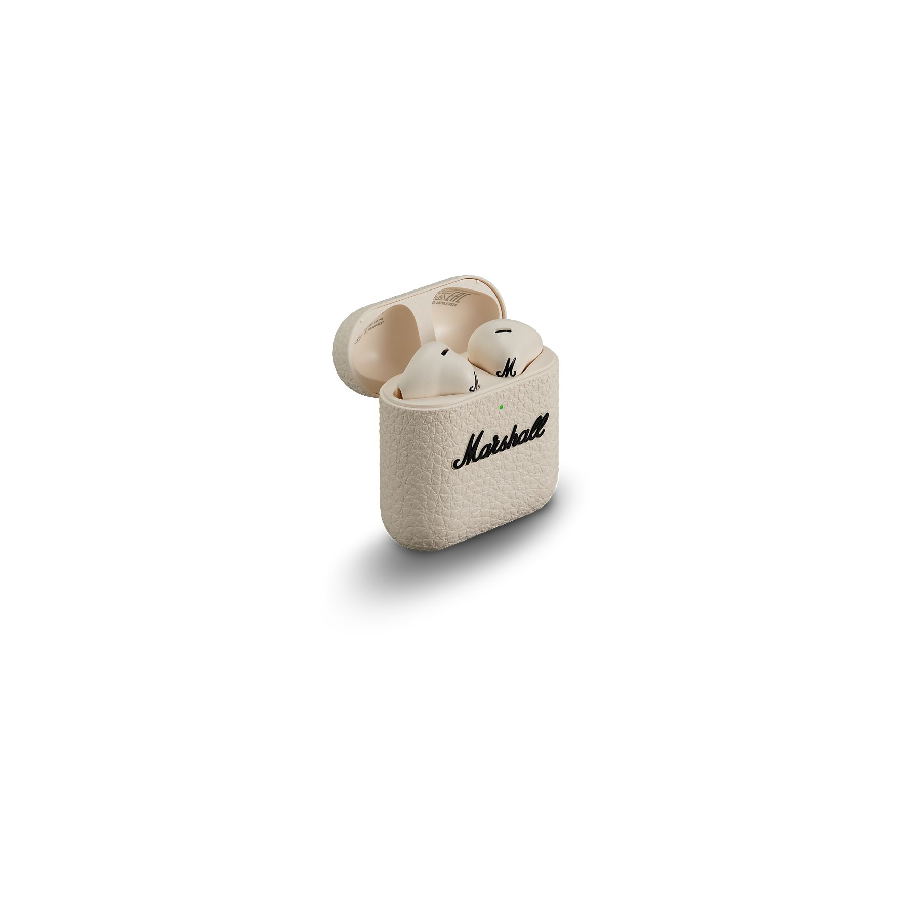 Custodia per auricolari Marshall color crema aperta con due auricolari all'interno. Logo nero 'Marshall' sulla custodia.