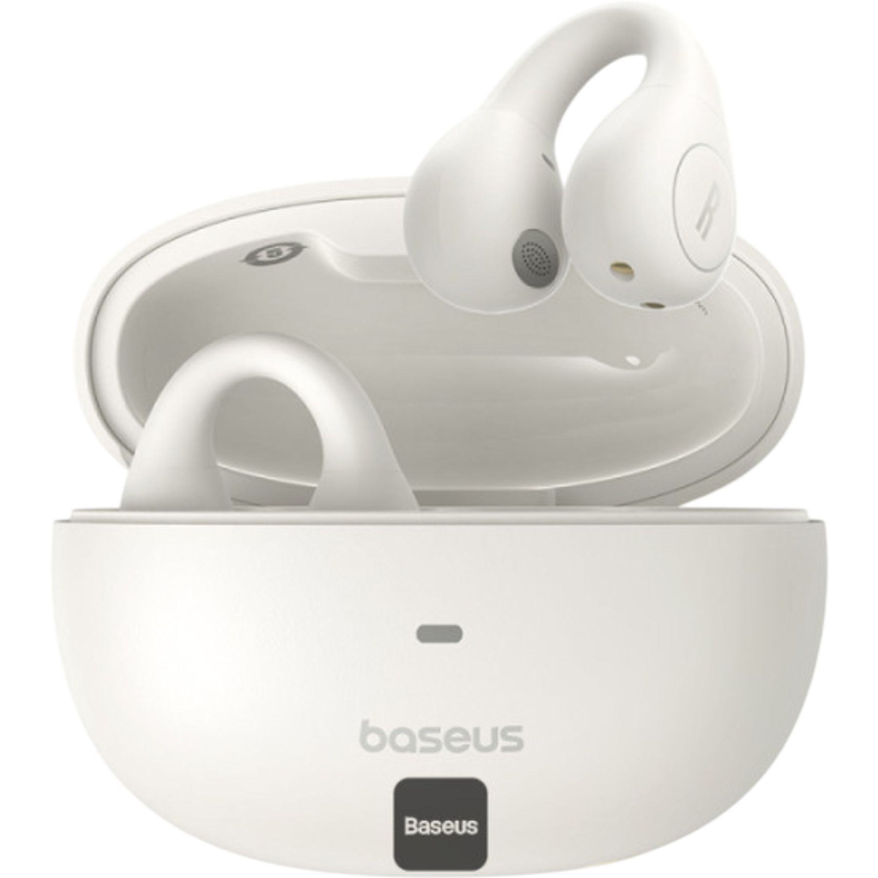 Auricolari Baseus bianchi nella loro custodia di ricarica. La custodia e gli auricolari sono bianchi. Gli auricolari hanno un gancio.