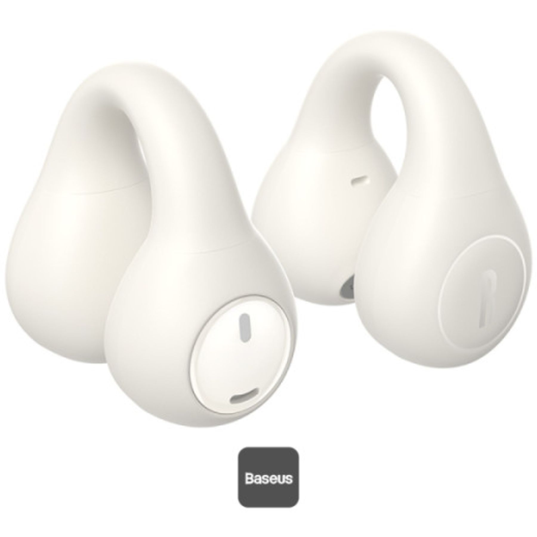 Due auricolari bianchi, marchio Baseus. Ognuno ha un gambo curvo e un pulsante circolare con dettagli.