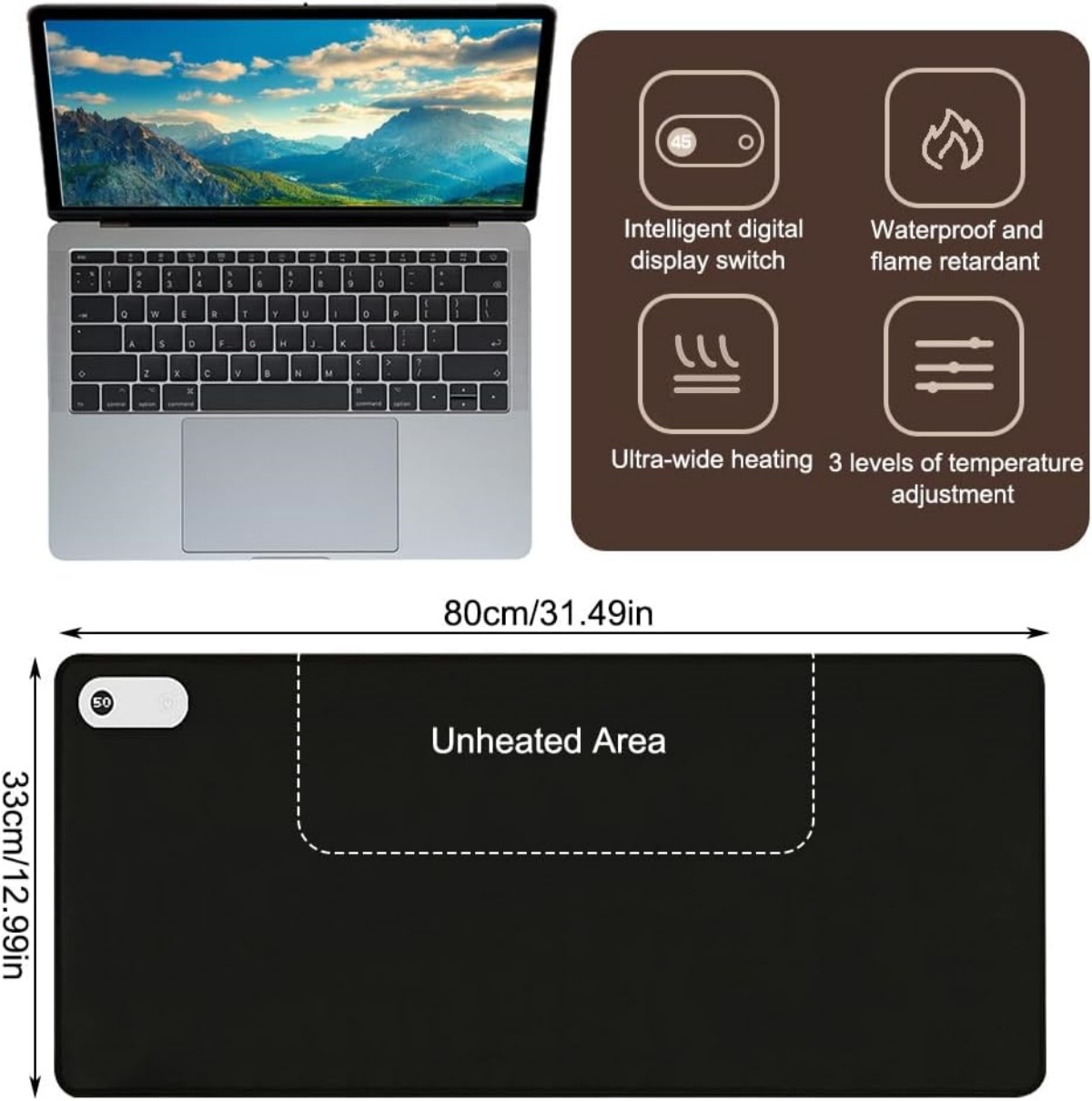 Laptop, schwarzes Pad mit digitaler Anzeige und eine braune Infografik mit Symbolen für Funktionen wie wasserdicht und Heizung.