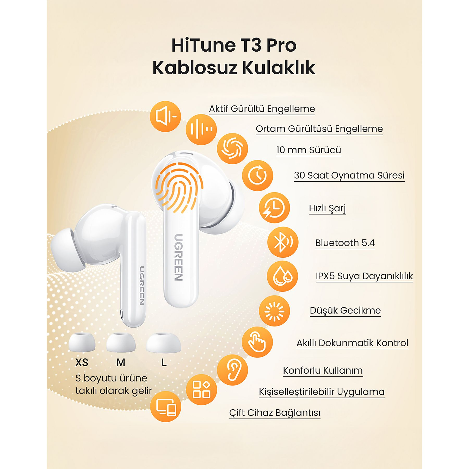 Białe słuchawki z etui ładującym. Funkcje obejmują redukcję szumów, Bluetooth 5.4 i długą żywotność baterii.