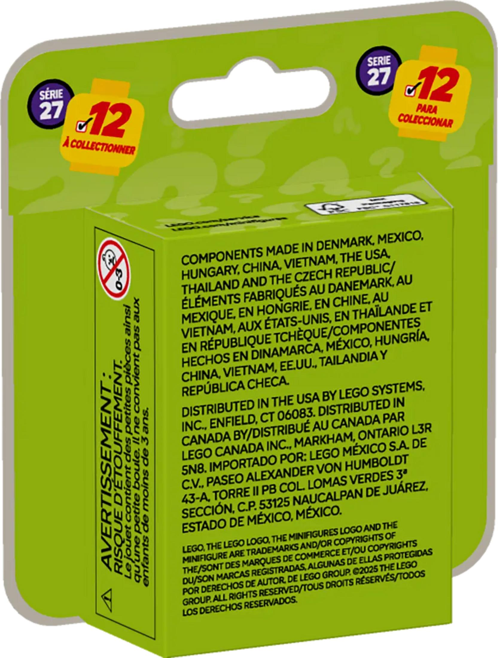 Una scatola Lego verde con avvertenze e testo. Contiene piccole parti, non per bambini sotto i 3 anni. Serie 27, numero 12.