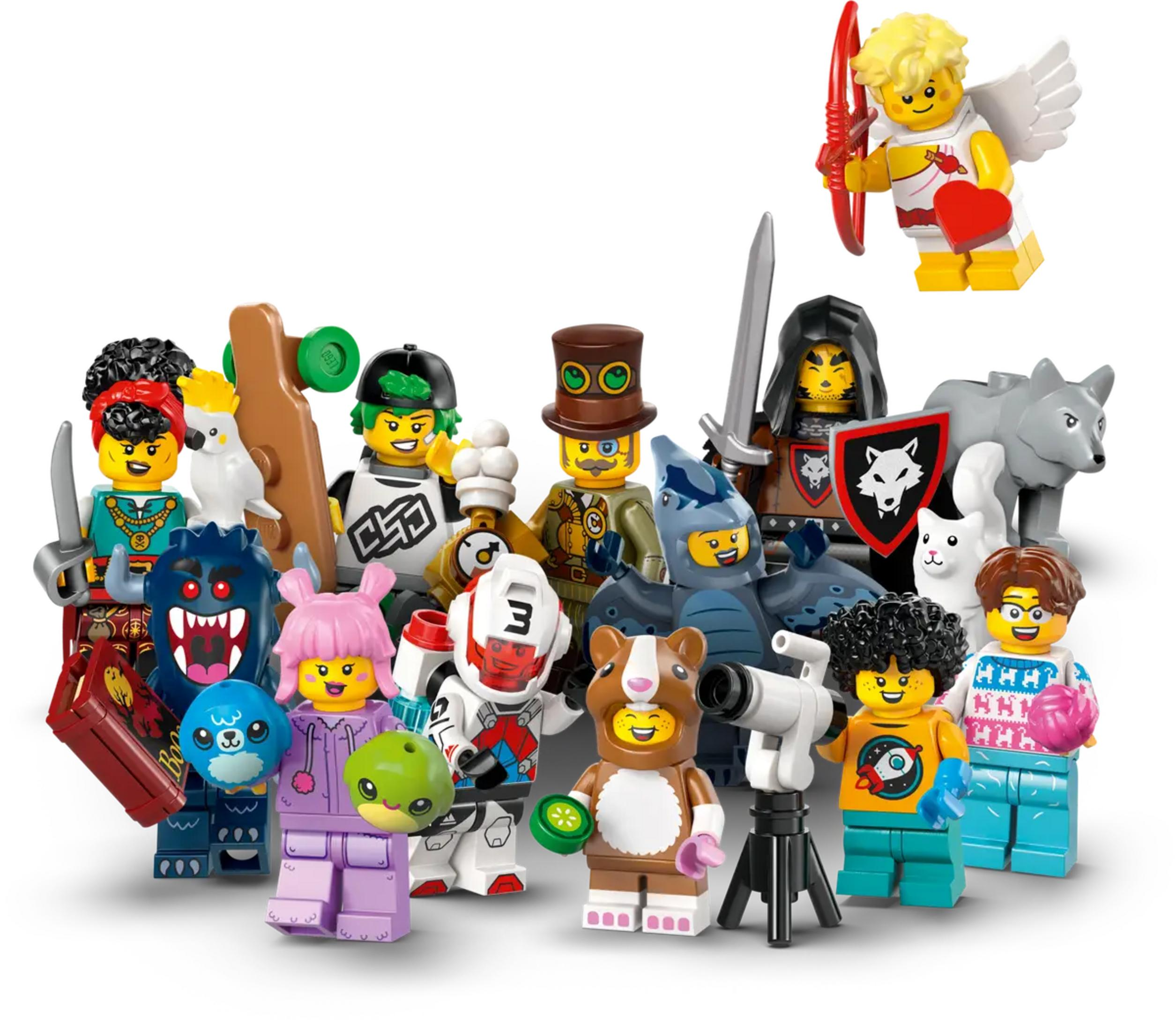 Minifigure Lego: diversi personaggi, tra cui un cavaliere, Cupido e una persona in costume da criceto, tutti su sfondo bianco.