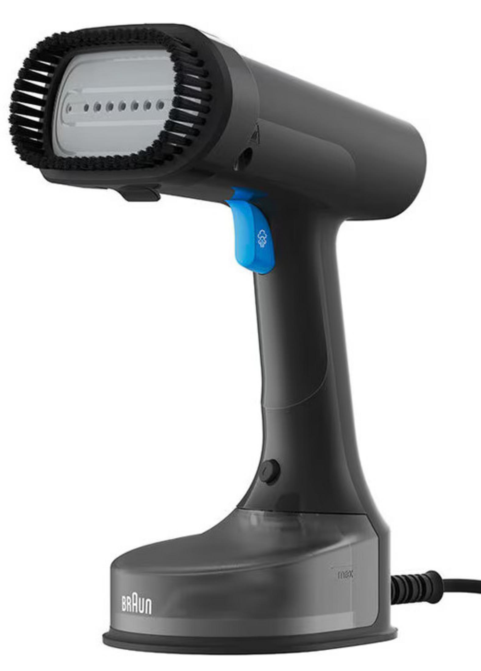Vaporizzatore per indumenti portatile nero Braun. Ha un pulsante blu. La testa ha una spazzola intorno.
