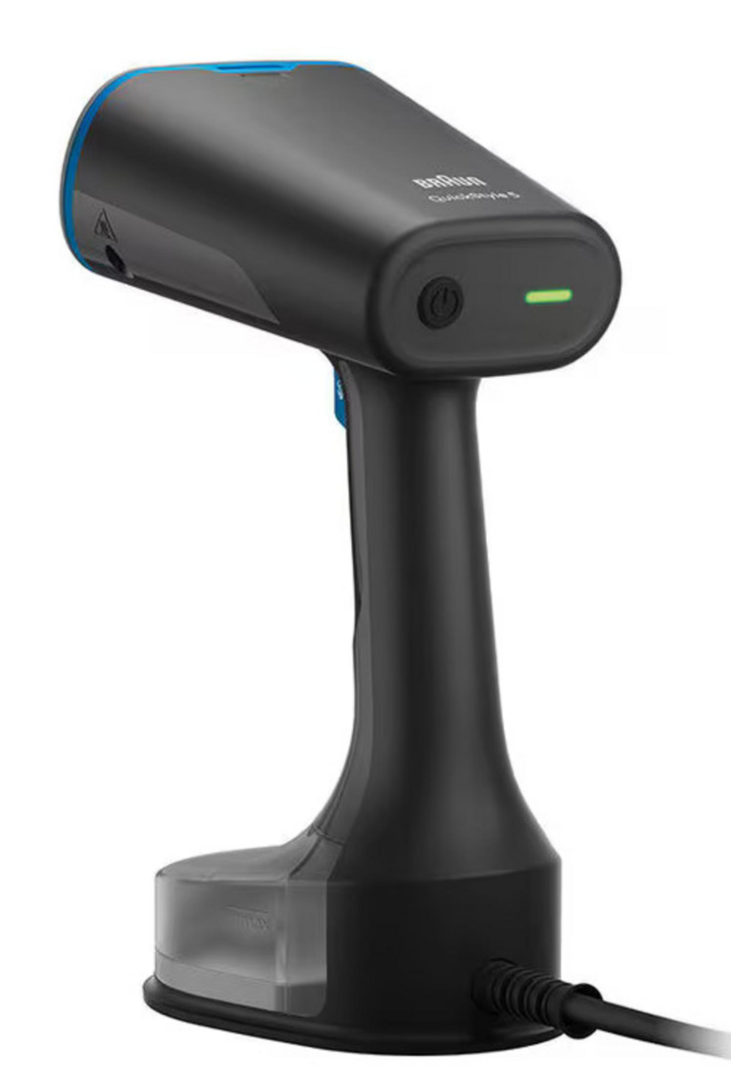 Un vaporizzatore portatile Braun nero e blu. Ha un pulsante di accensione, un serbatoio dell'acqua e un cavo. Il vaporizzatore è su sfondo bianco.