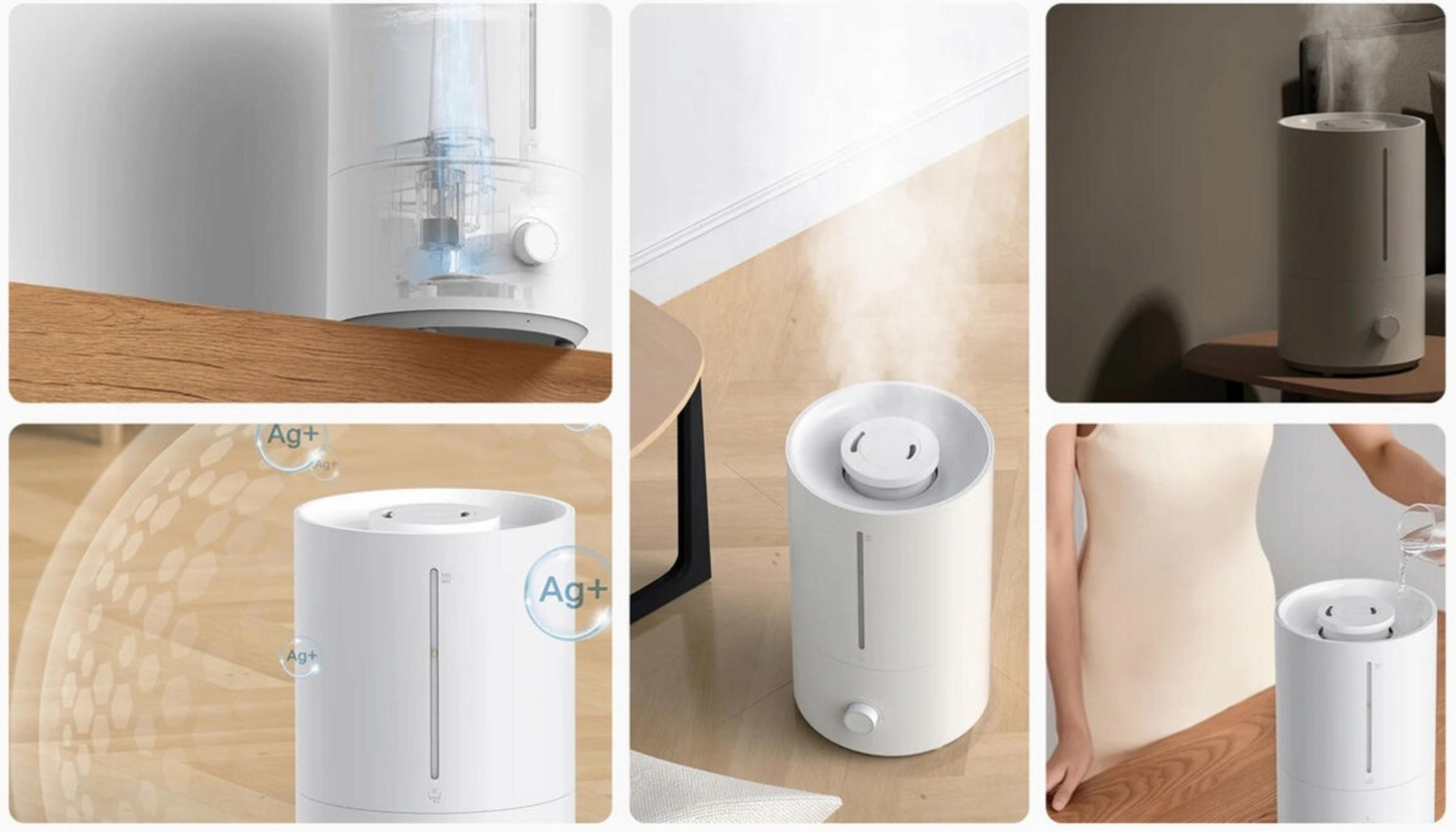 Biały nawilżacz z parą. Części pokazują działanie wewnętrzne i napełnianie wodą. Obecne logo Ag+. Drewniany stół i białe tło.