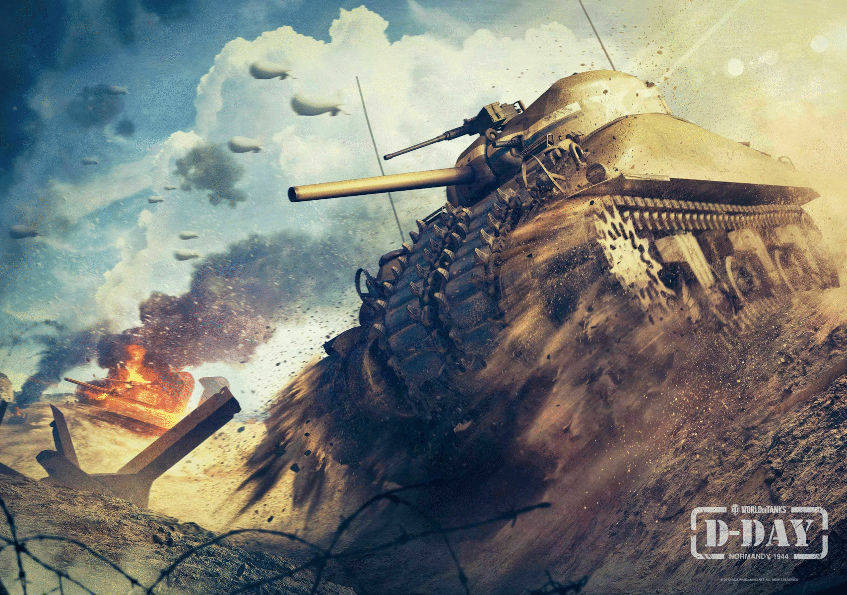 Un carro armato avanza in una scena di guerra. Esplosioni e aerei nel cielo. Filo spinato in primo piano. D-Day Normandia 1944.