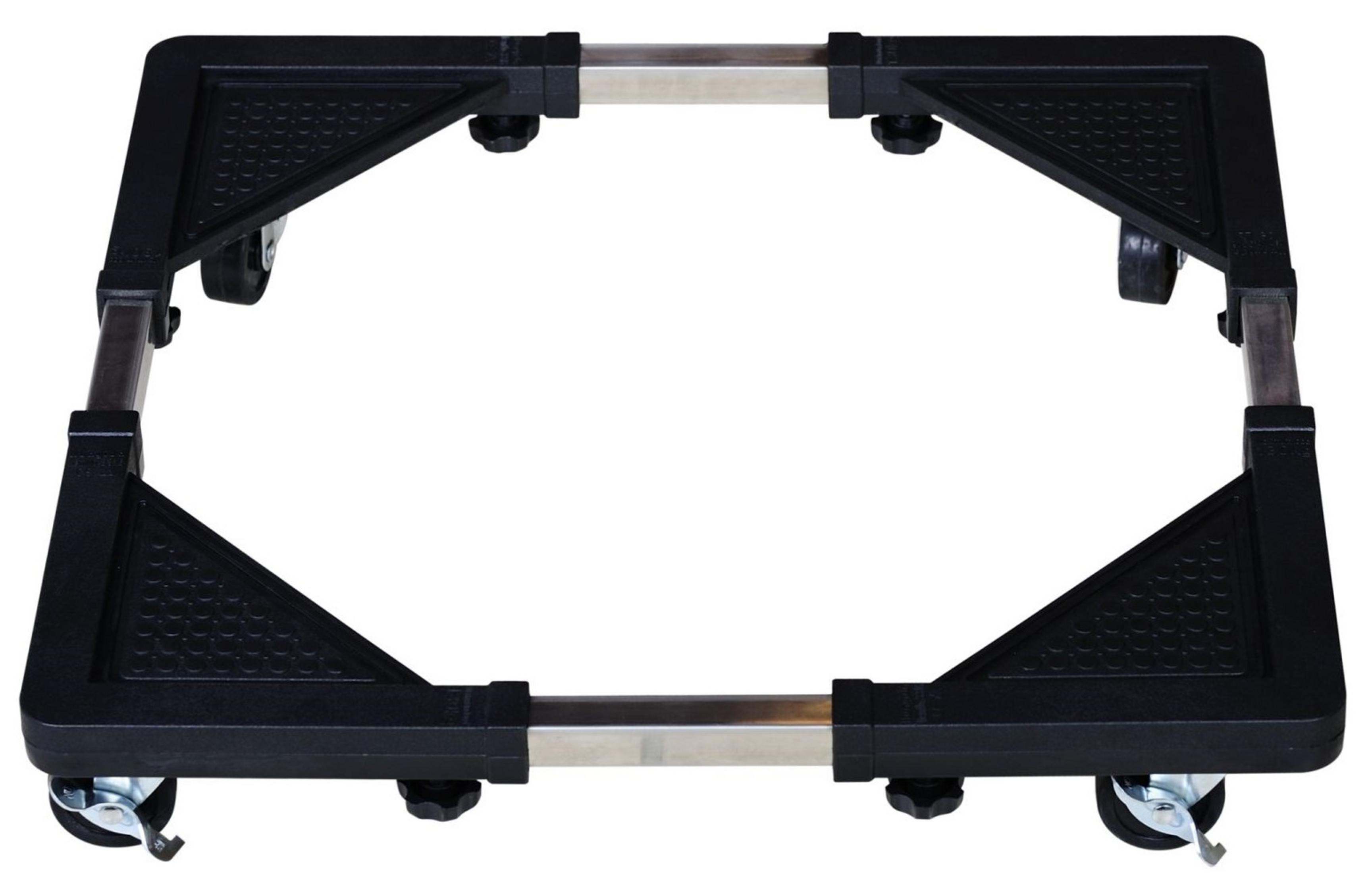 Czarny wózek na urządzenia z czterema kołami, metalowymi prętami i czarnymi regulowanymi narożnikami.