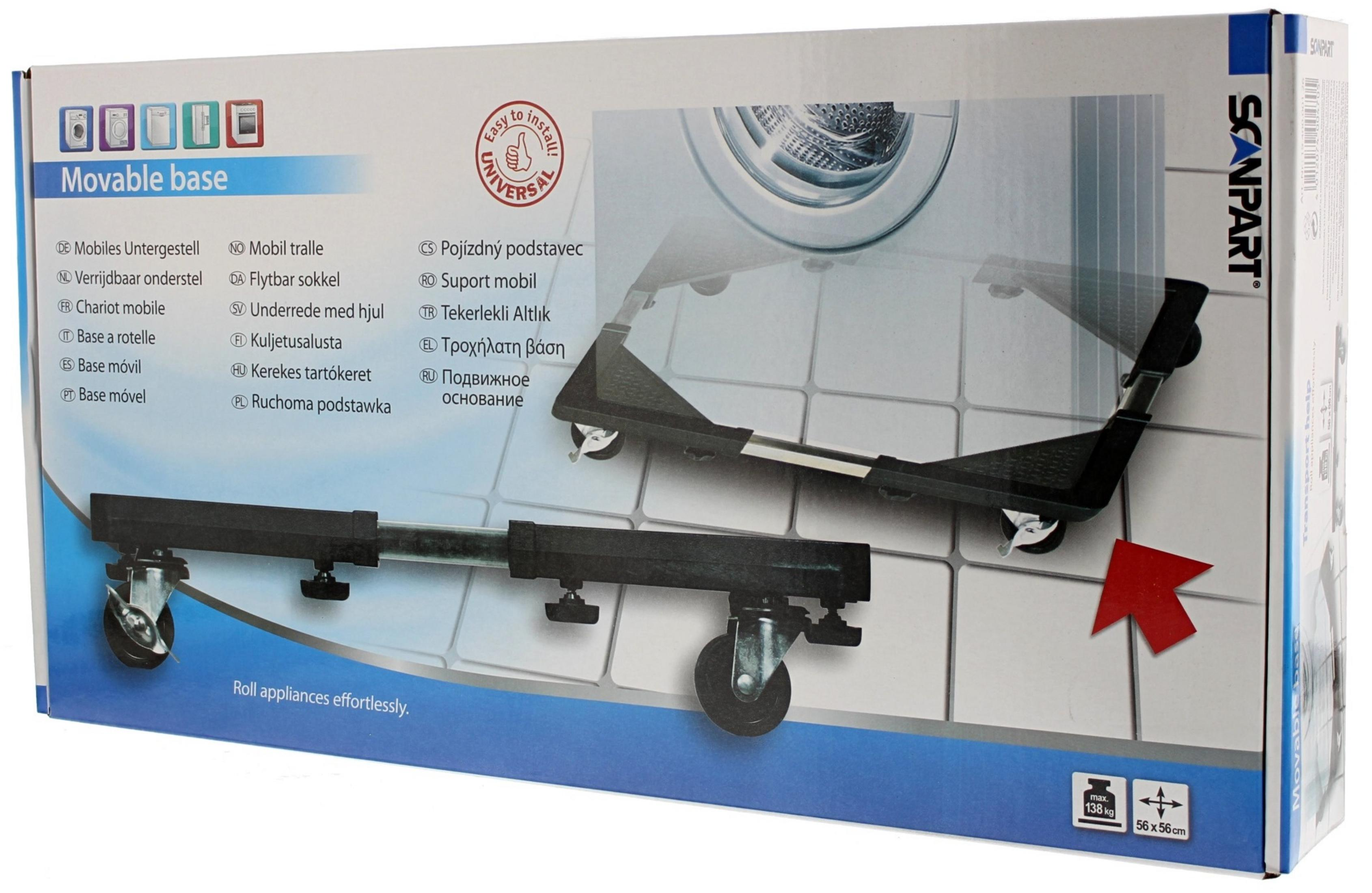 Pudełko pokazujące ruchomą podstawę z kółkami, nazwę produktu i markę. Strzałka wskazuje zastosowanie produktu.
