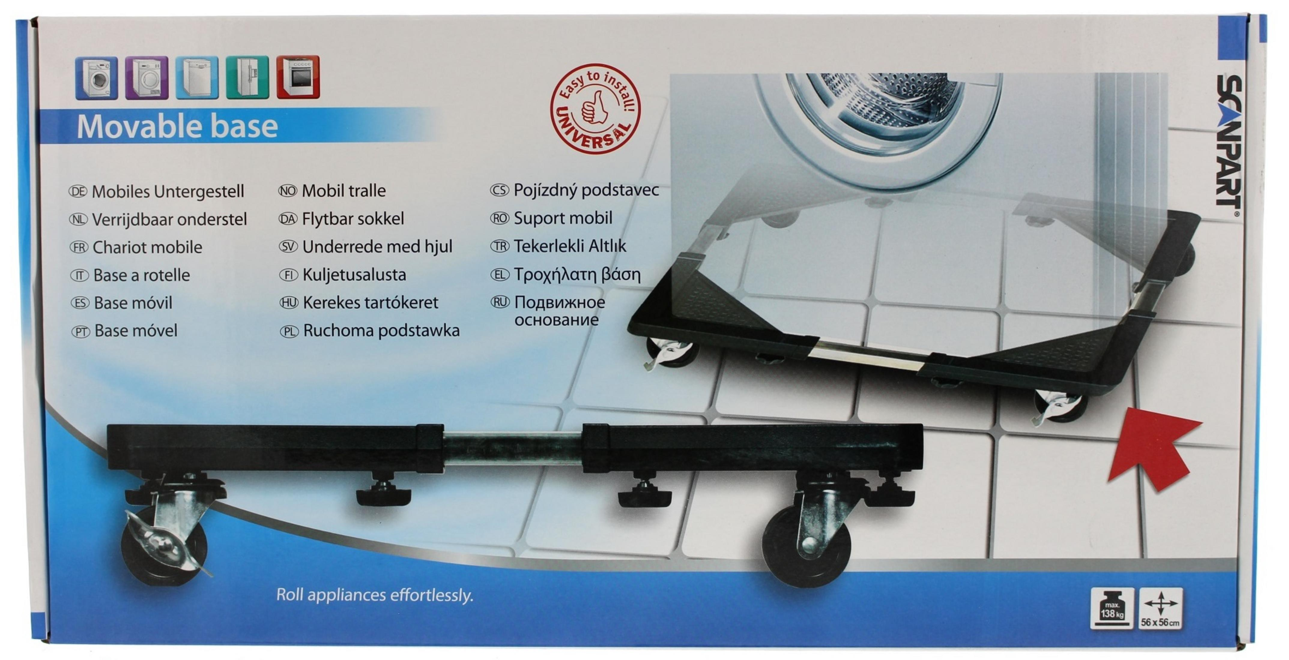 Pudełko na podstawę ruchomą. Ma zdjęcie pralki. Tekst w wielu językach.