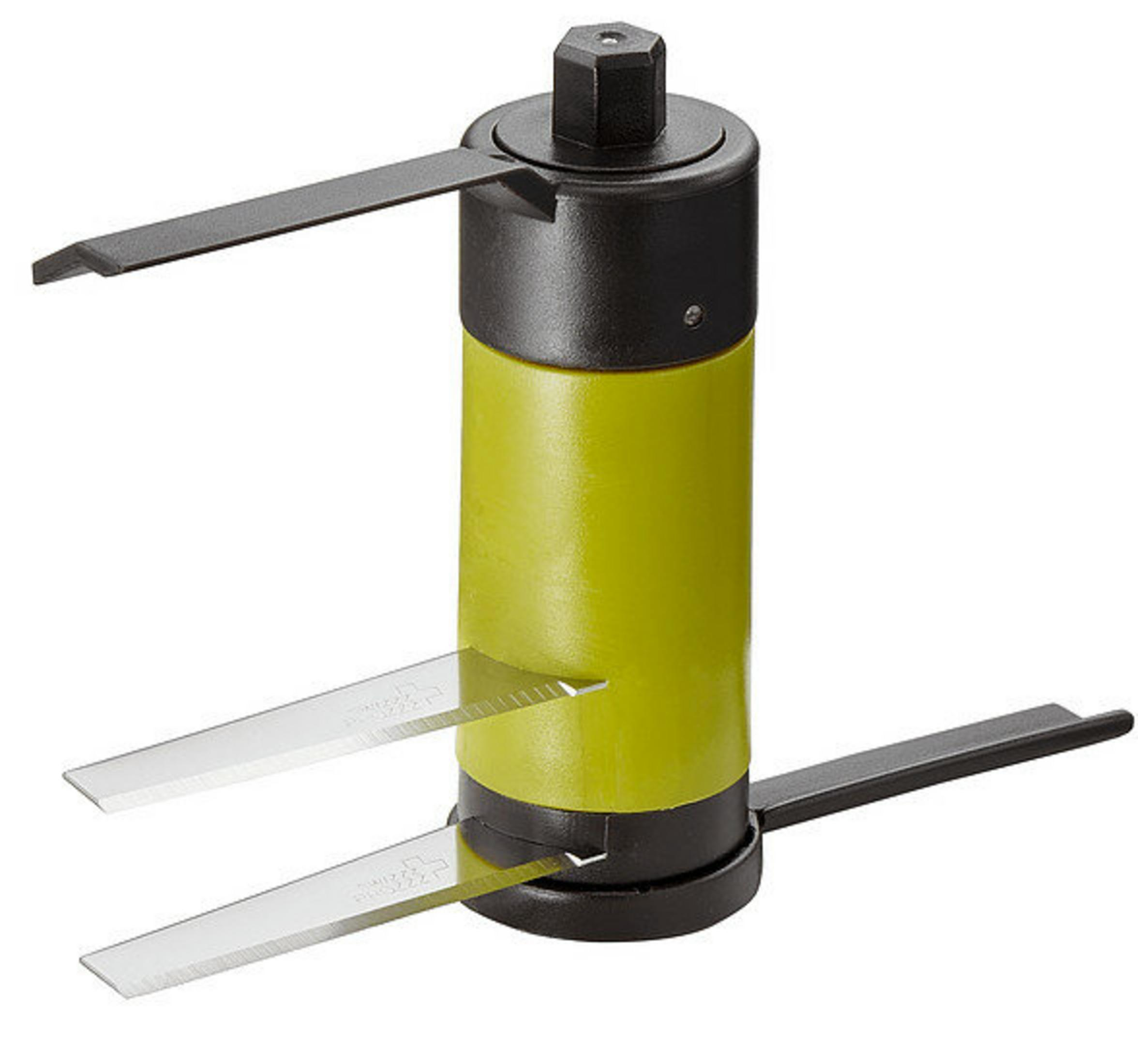 Zielony i czarny robot kuchenny z dwoma ostrzami. Ma sześciokątny wierzch i dwa czarne ramiona.