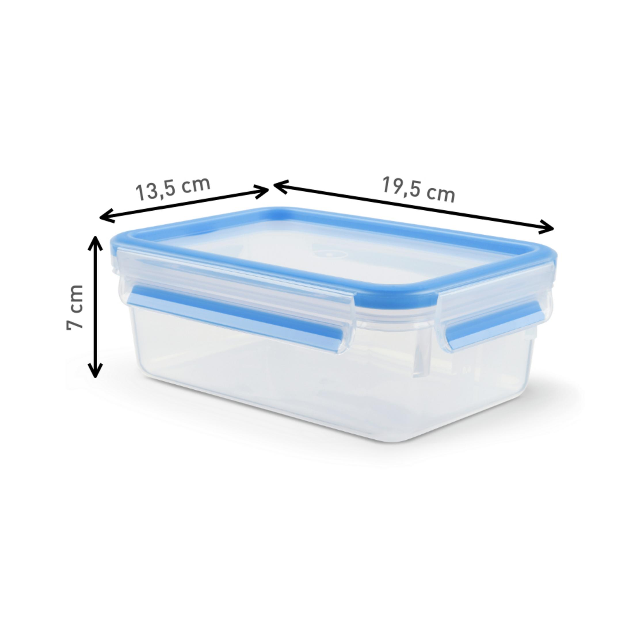 Contenedor de alimentos de plástico transparente con tapa azul. Dimensiones: 19,5 cm largo, 13,5 cm ancho y 7 cm alto.