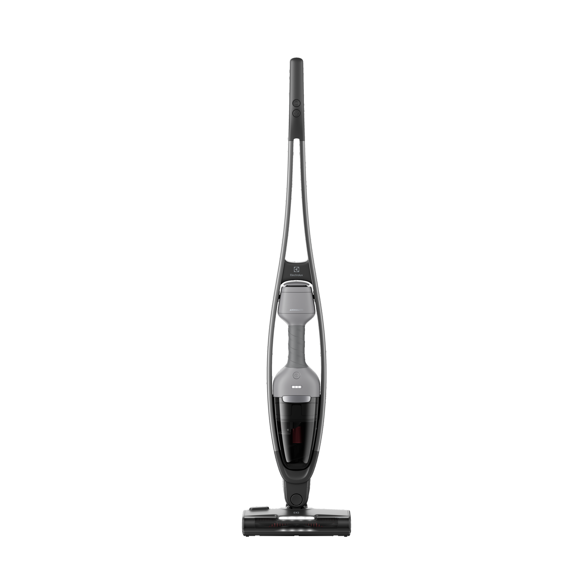 Szaro-czarny odkurzacz Electrolux stoi pionowo na czarnym tle. Ma długi uchwyt i głowicę czyszczącą.