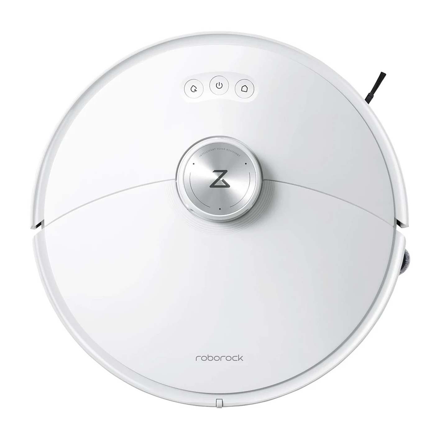 Biały odkurzacz robot Roborock, okrągły z przyciskami na górze. Ma srebrny centralny przycisk z logo 'Z'.