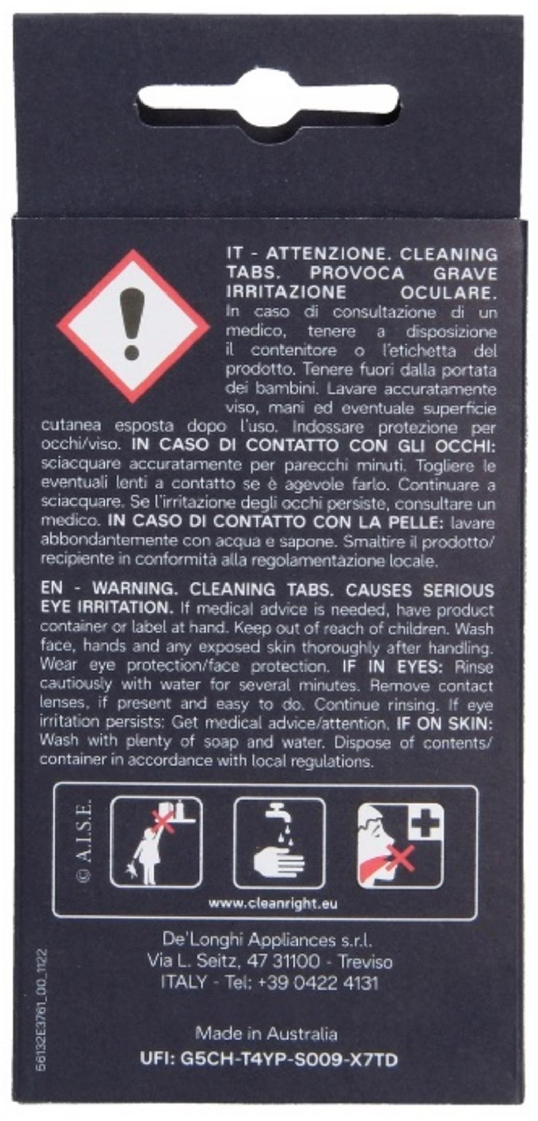 Warning label with exclamation mark, instructions for eye irritation, and first aid tips for cleaning tabs.