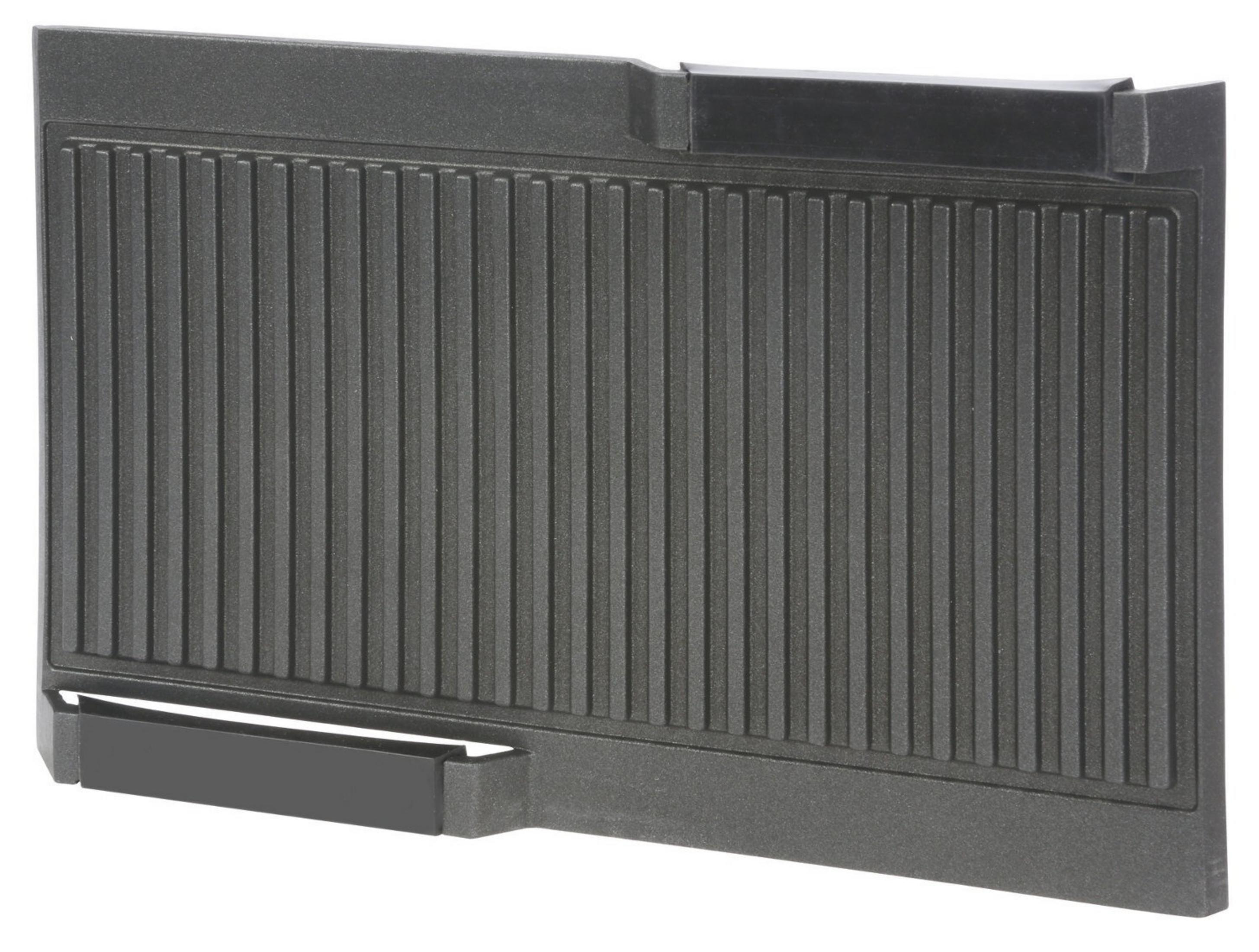 Ciemnoszara, prostokątna płyta grillowa z pionowymi żebrami. Ma gładką, ciemnoszarą ramę.