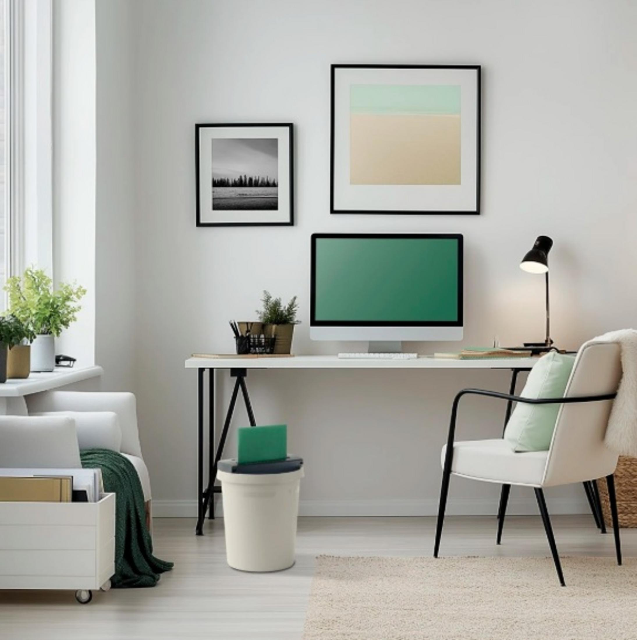 Nowoczesne domowe biuro z biurkiem, monitorem, krzesłem, dziełami sztuki i niszczarką do papieru. Widoczne rośliny i okno.