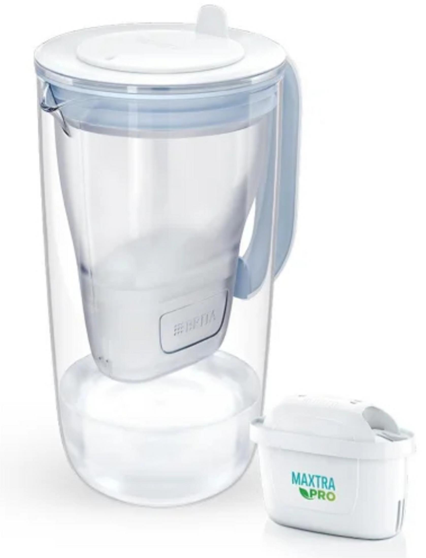 A clear water filter pitcher with a white lid and a separate filter cartridge labeled Maxtra Pro.