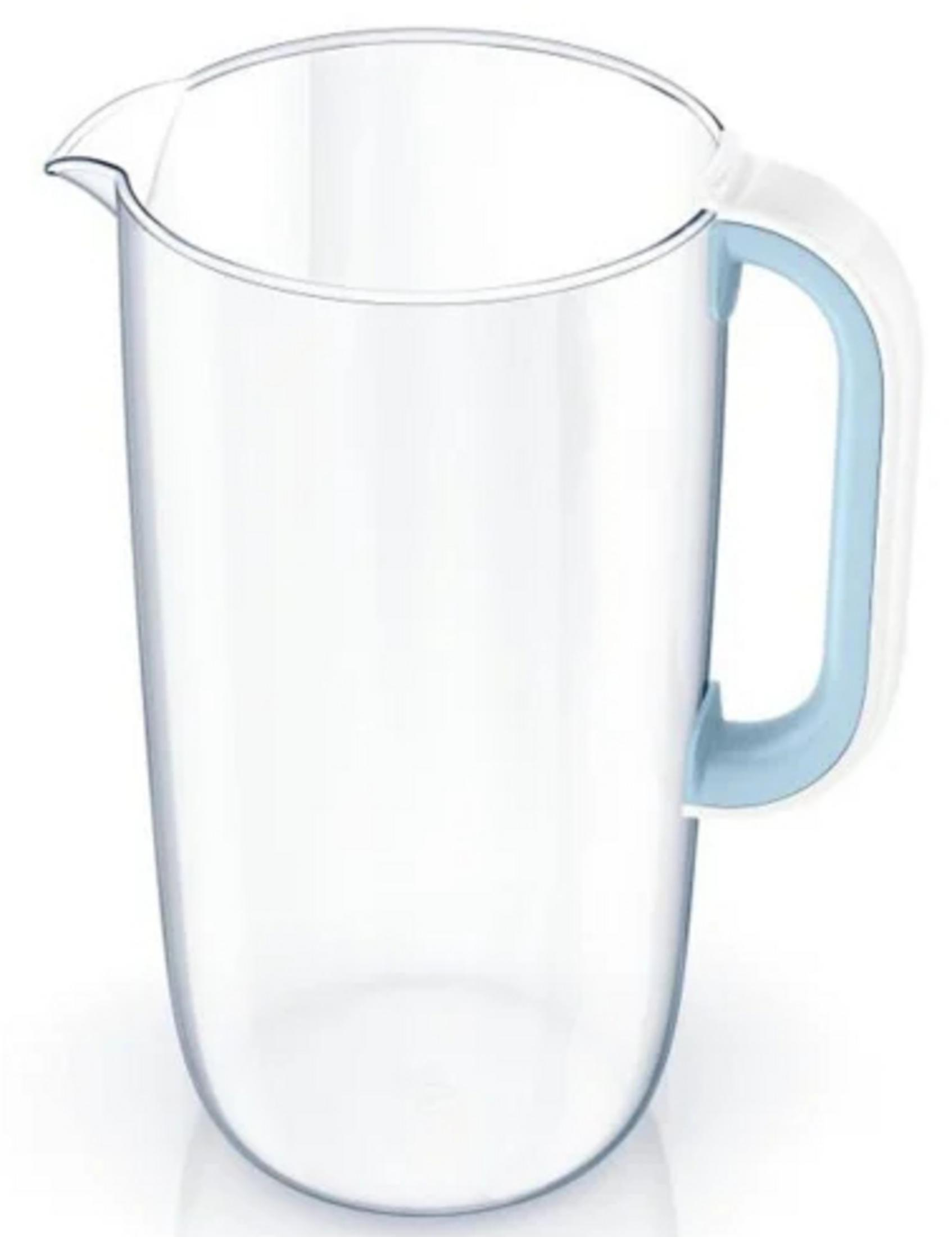 A clear plastic pitcher with a blue handle and a pouring spout, against a white background.
