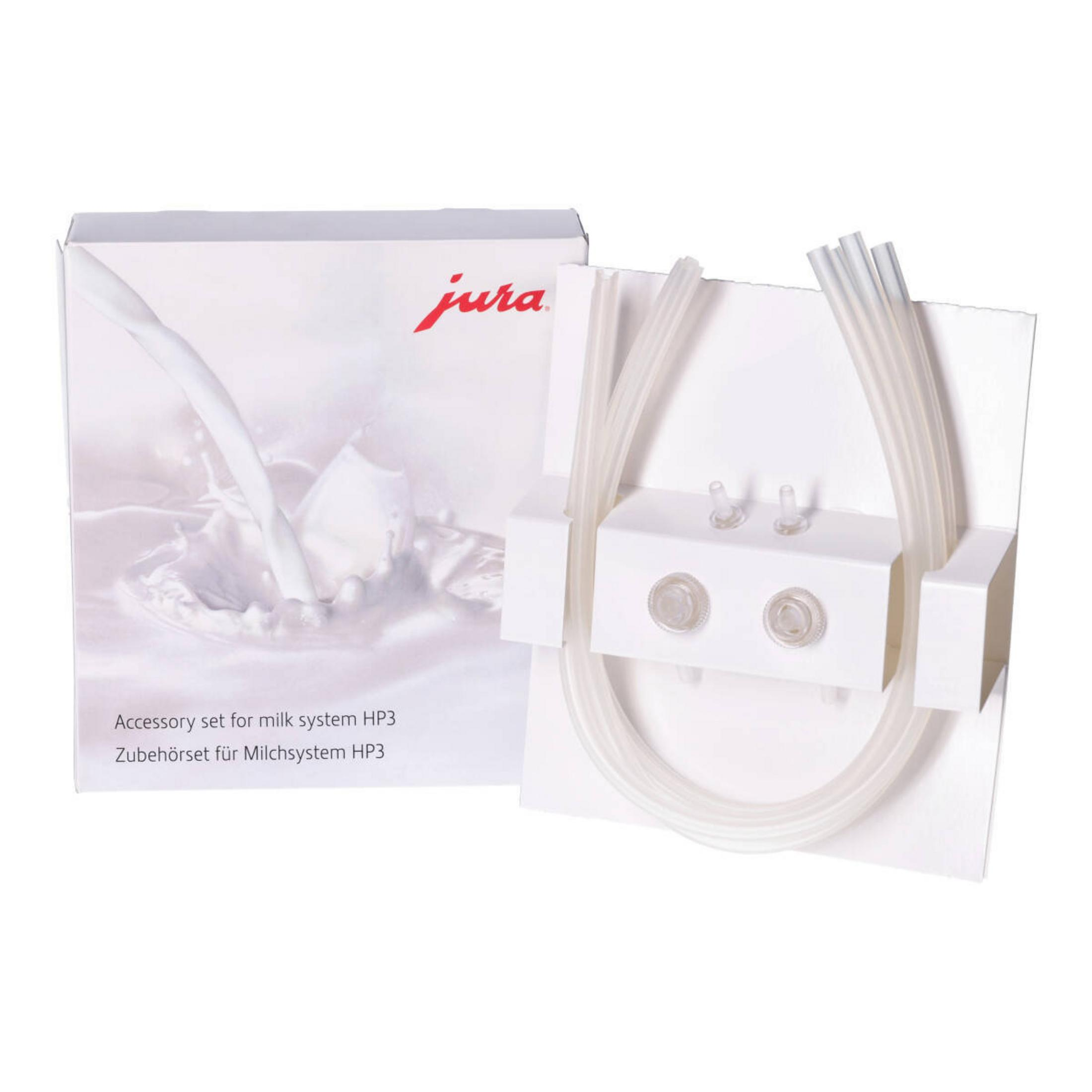 A white box with milk splash, Jura logo, and accessory set for milk system HP3, with clear tubes and white parts.