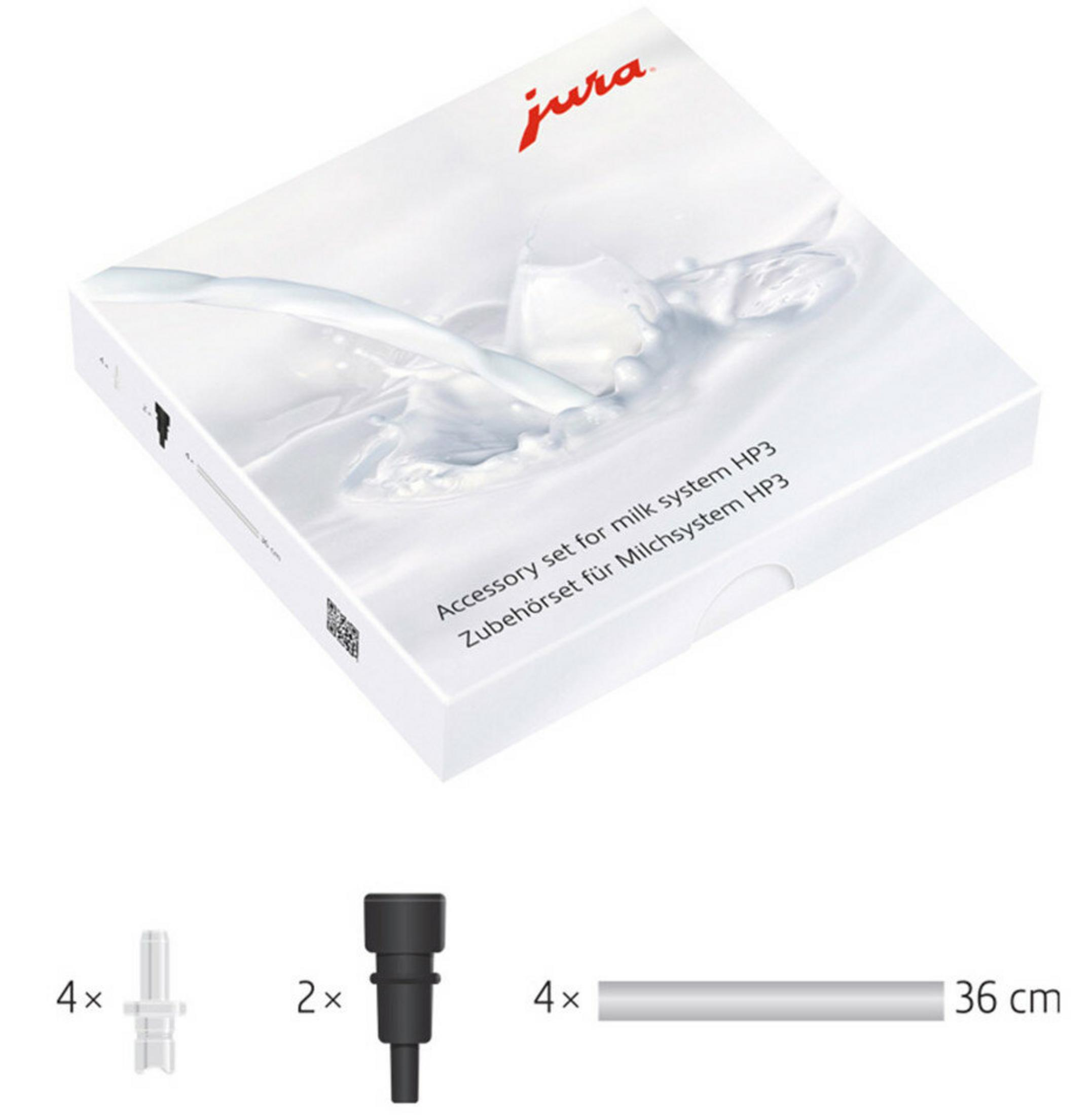 A white box with "jura" logo and accessories for a milk system. Contains 4x, 2x, and 4x items, plus a 36 cm part.