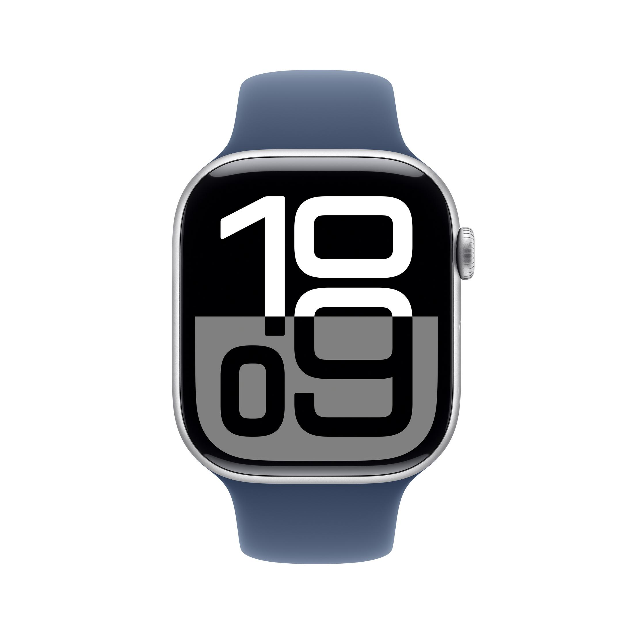Siyah ekranda 19:09 zamanının gösterildiği mavi bir Apple Watch. Arka plan beyaz.