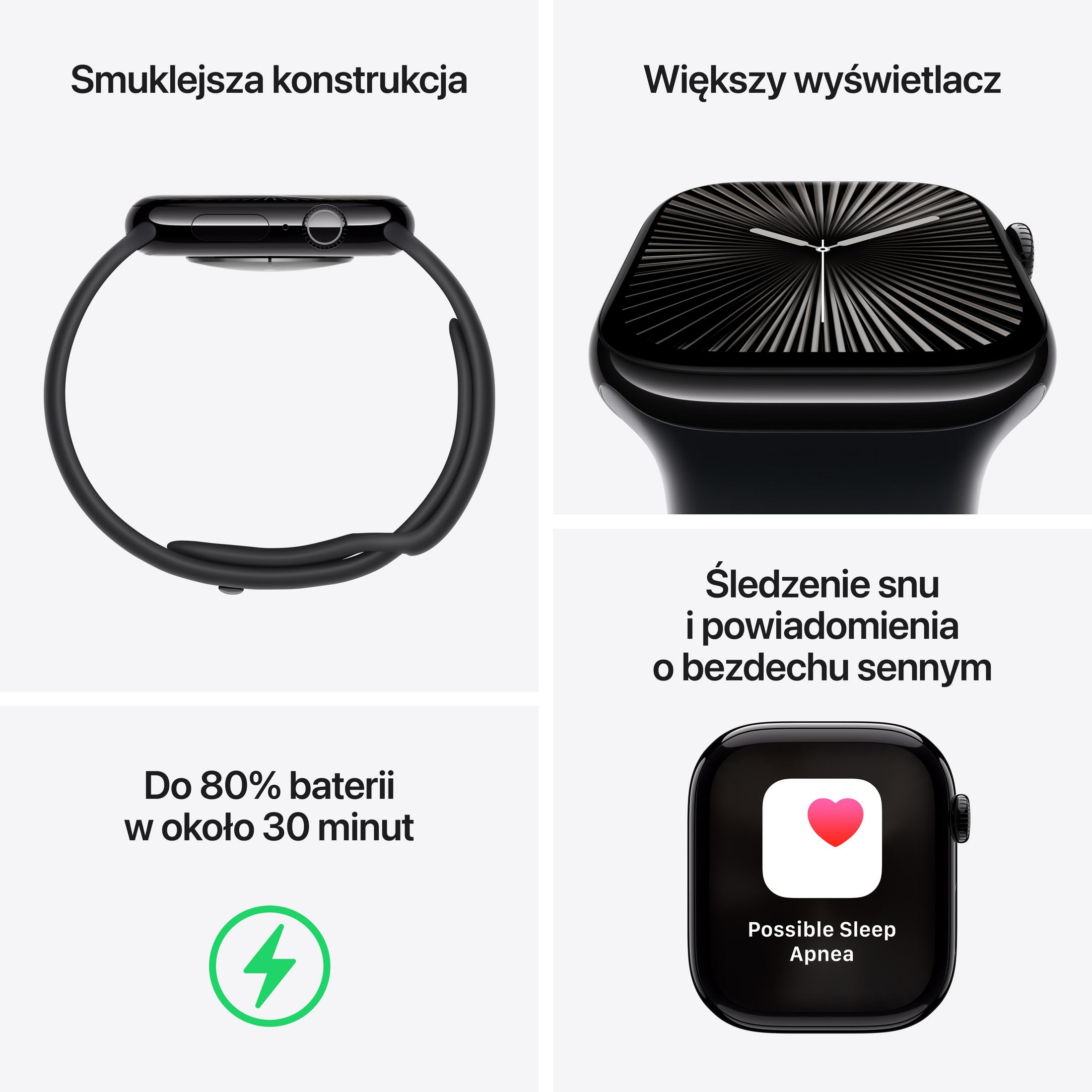 Obraz przedstawia czarny smartwatch z większym wyświetlaczem, śledzeniem snu i ikoną ładowania. Widoczny jest również tekst w języku polskim.