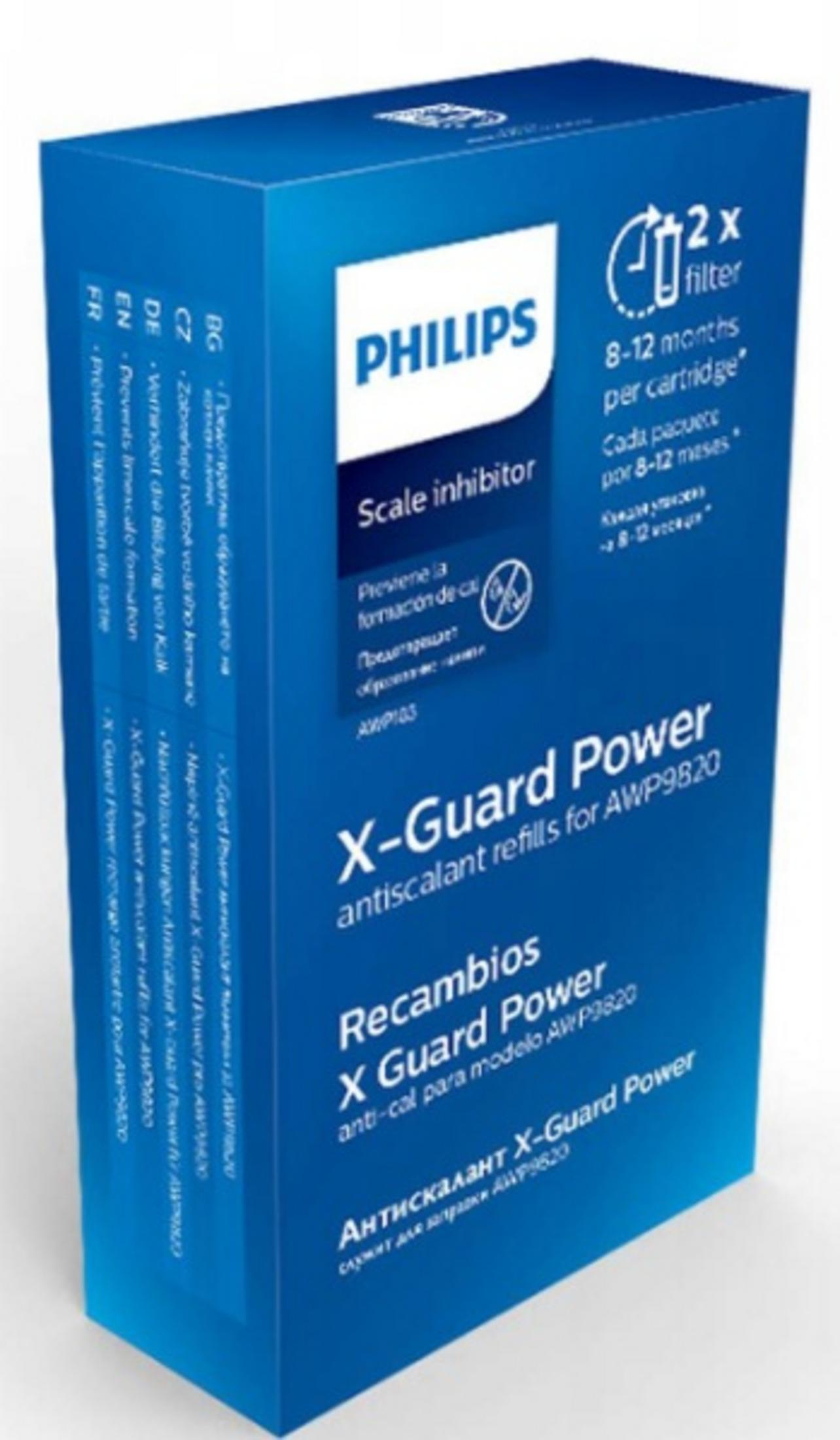 Blaue Philips X-Guard Power Box. Text enthält 'Antikalk-Nachfüllungen', '8-12 Monate' und Text in mehreren Sprachen.