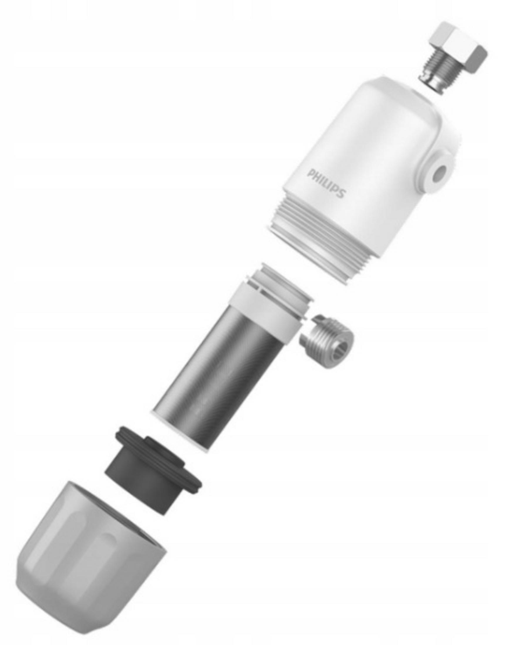 Explosionsansicht eines Philips Wasserfilters. Zu den Komponenten gehören ein weißes Gehäuse, ein Filter und Anschlüsse.
