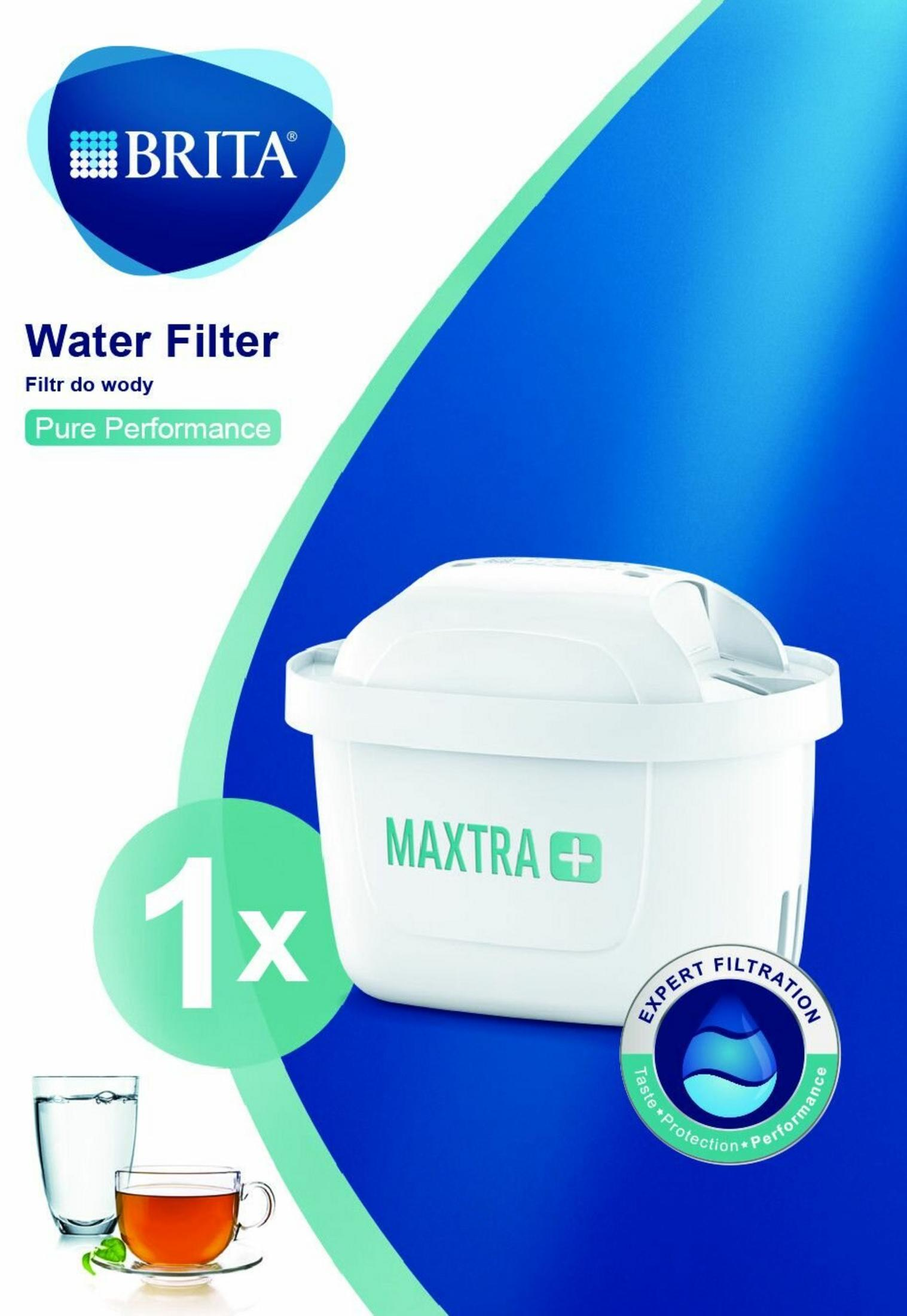 Un pacco filtro acqua Brita. Mostra un filtro, un bicchiere d'acqua, una tazza di tè e testo promozionale.