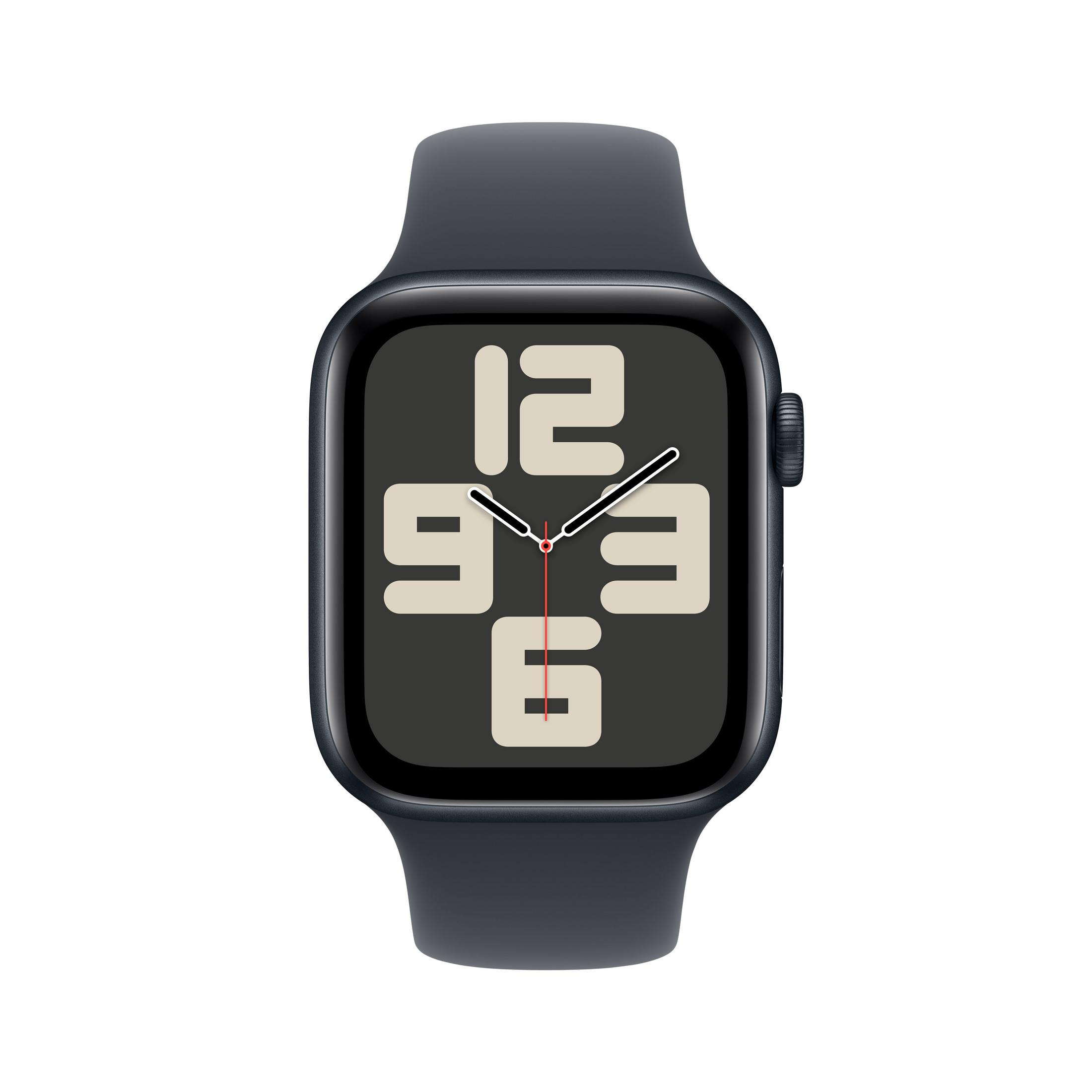 Ciemnoszary Apple Watch z czarnym ekranem wyświetlającym godzinę. Pasek i koperta są w podobnym ciemnoszarym kolorze.