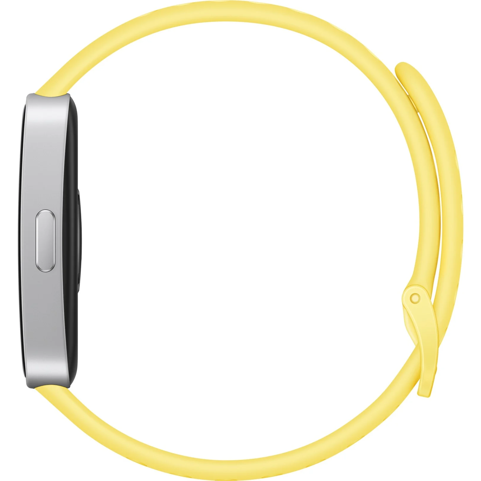 Vista laterale di uno smartwatch con corpo argentato e cinturino giallo, su sfondo bianco.