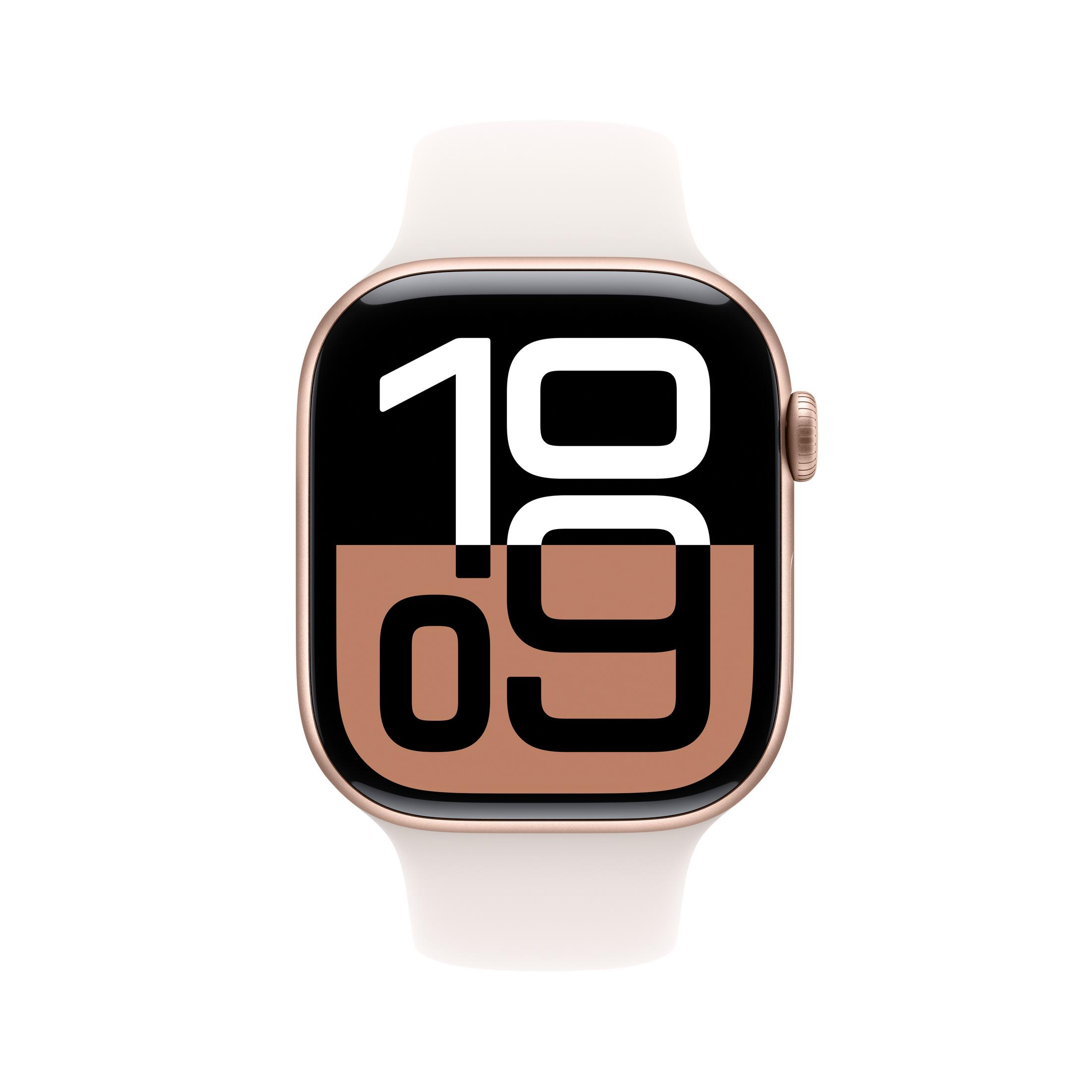 Apple Watch z białym paskiem wyświetla godzinę 19:09. Zegarek ma złotą kopertę.
