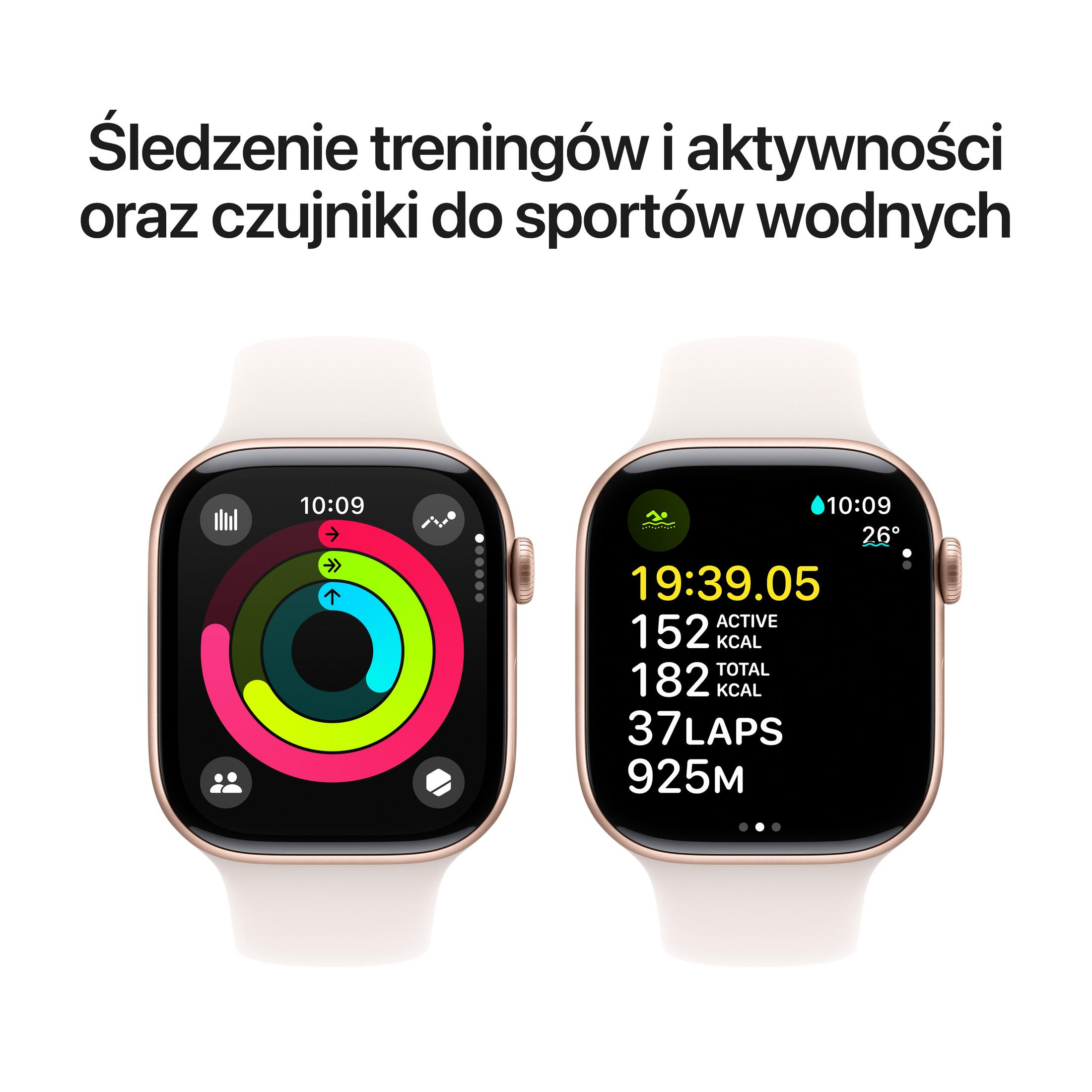 Dwa smartwatche pokazują dane fitness. Jeden pokazuje pierścienie aktywności, drugi czas trwania, kalorie i okrążenia.