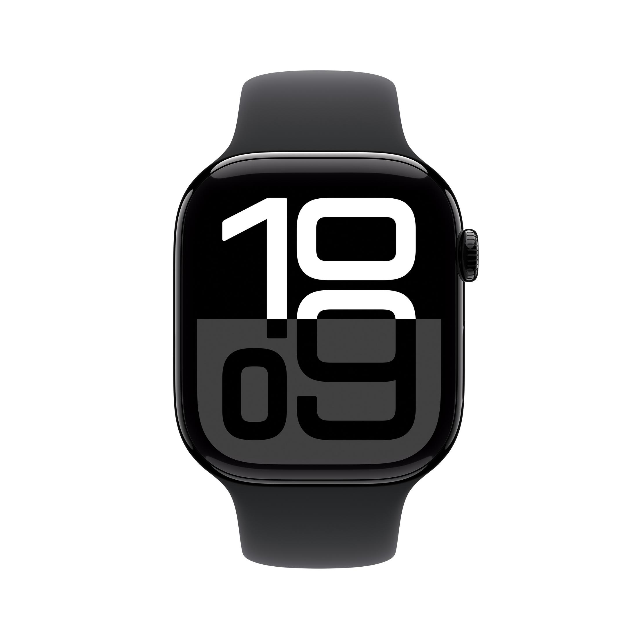 Czarny Apple Watch wyświetla godzinę 10:09. Zegarek ma czarny pasek i cyfrowy wyświetlacz na białym tle.