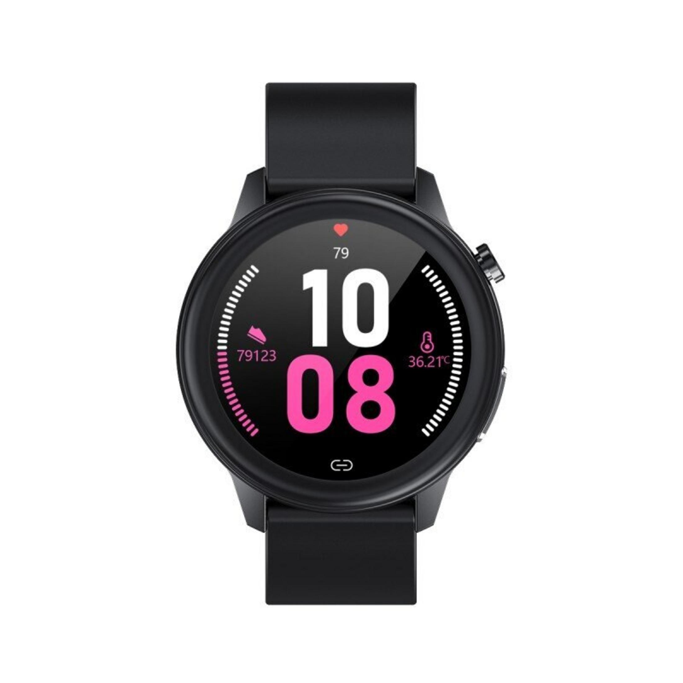 Schwarze Smartwatch, die die Zeit 10:08 anzeigt, mit Aktivitätsstatistiken. Mit schwarzem Armband und rundem Display.