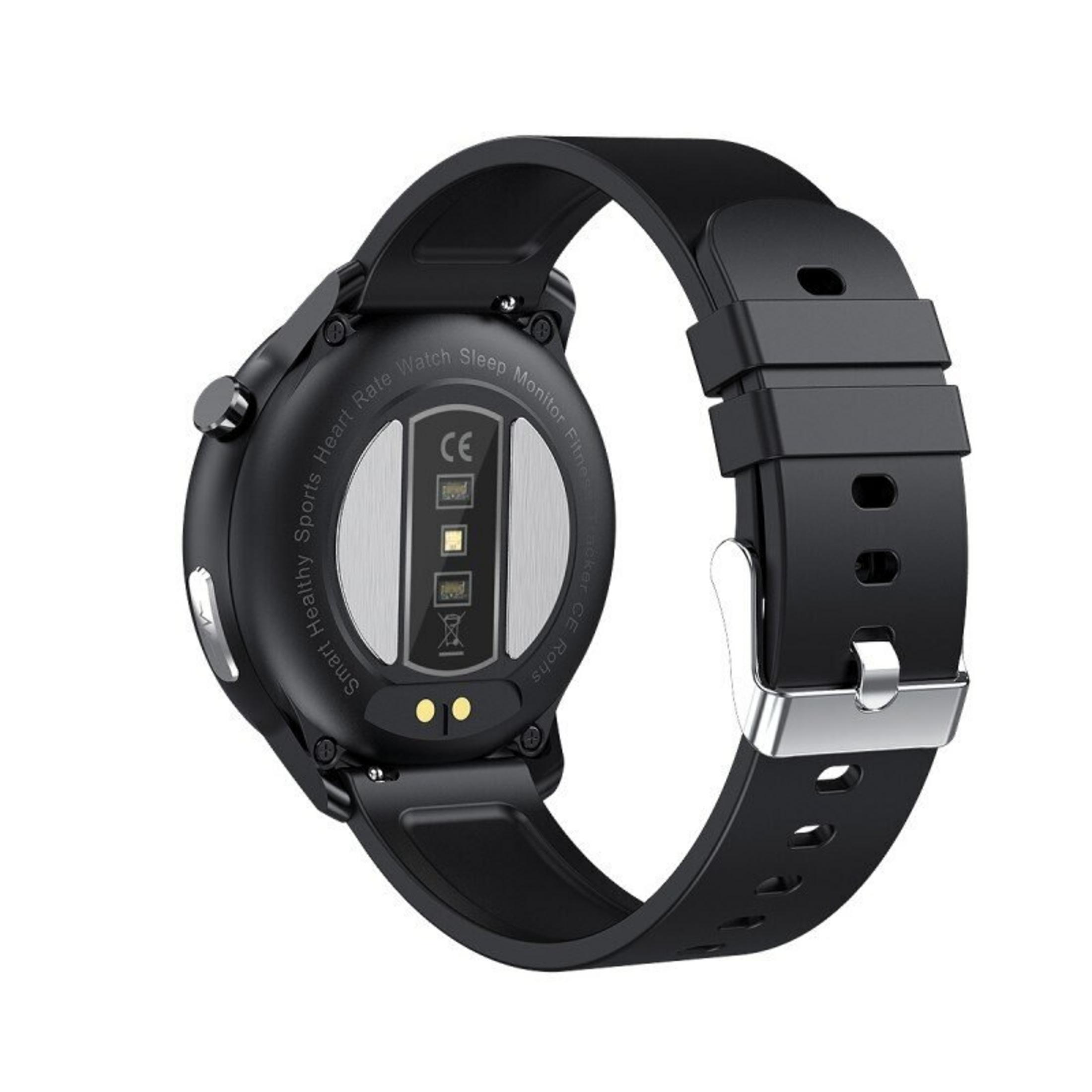 Schwarze Smartwatch, rundes Zifferblatt, mit schwarzem Armband. Hat Zertifizierungen und intelligente Funktionen.
