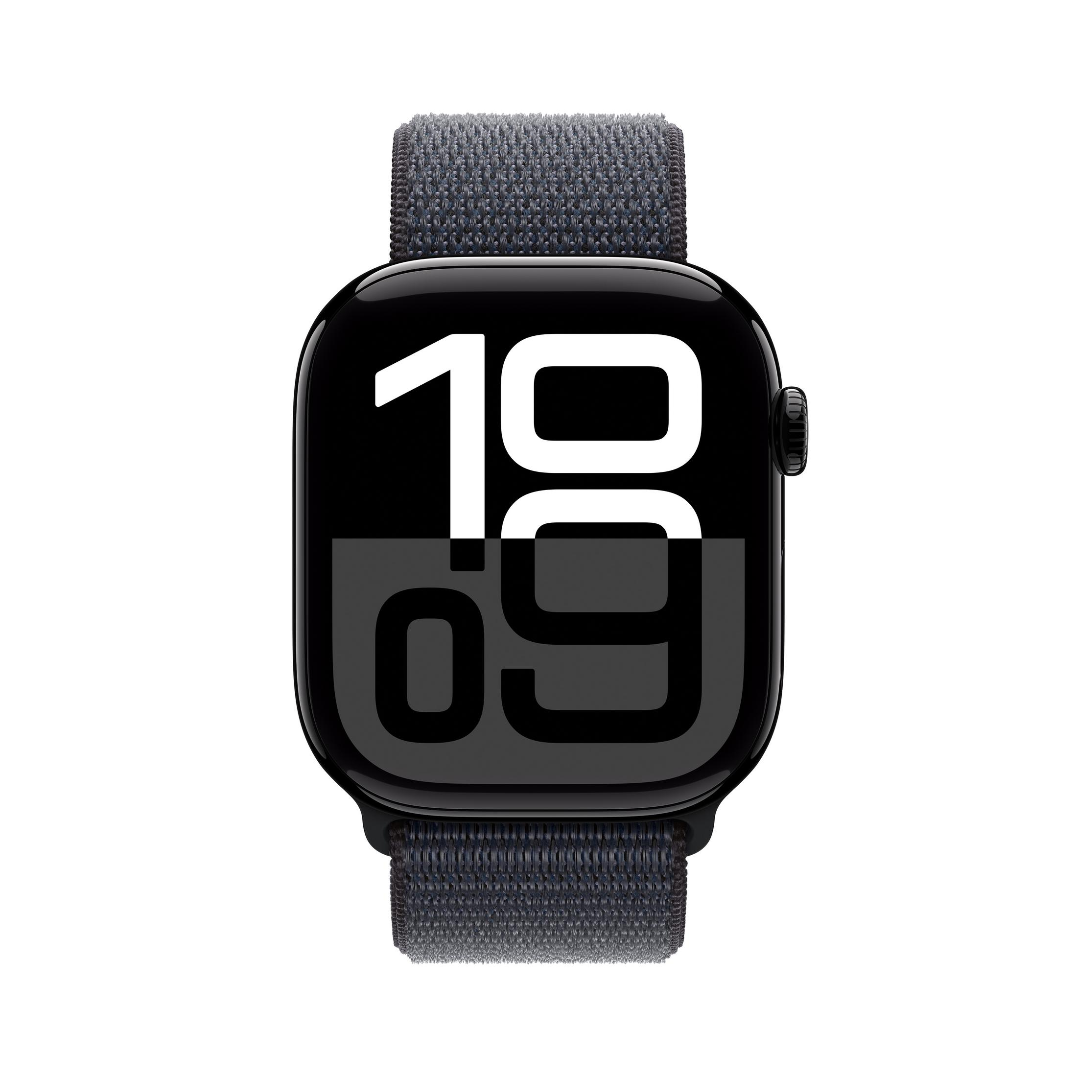 Czarny Apple Watch pokazuje godzinę 10:09, z szarym, tkanym paskiem. Zegarek jest na białym tle.