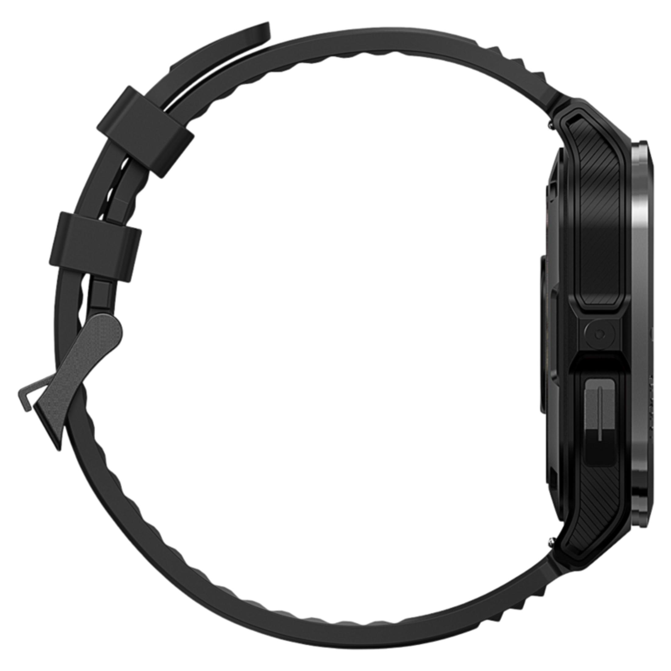 Seitenansicht einer schwarzen Smartwatch. Die Uhr hat ein kreisförmiges Band und ein rechteckiges Zifferblatt mit Knöpfen.