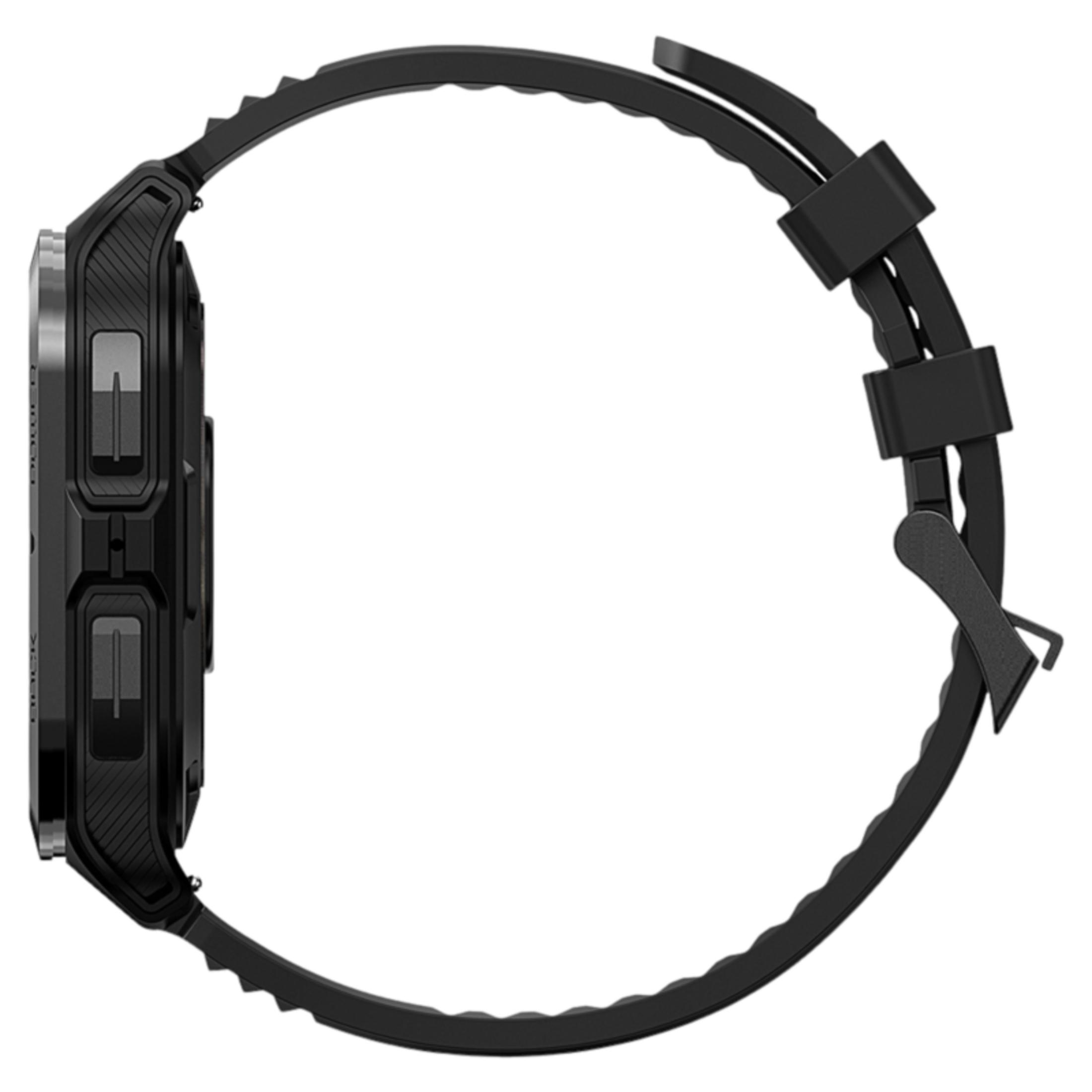 Seitenansicht einer schwarzen Smartwatch mit rundem Zifferblatt und schwarzem Armband. Der Hintergrund ist weiß.