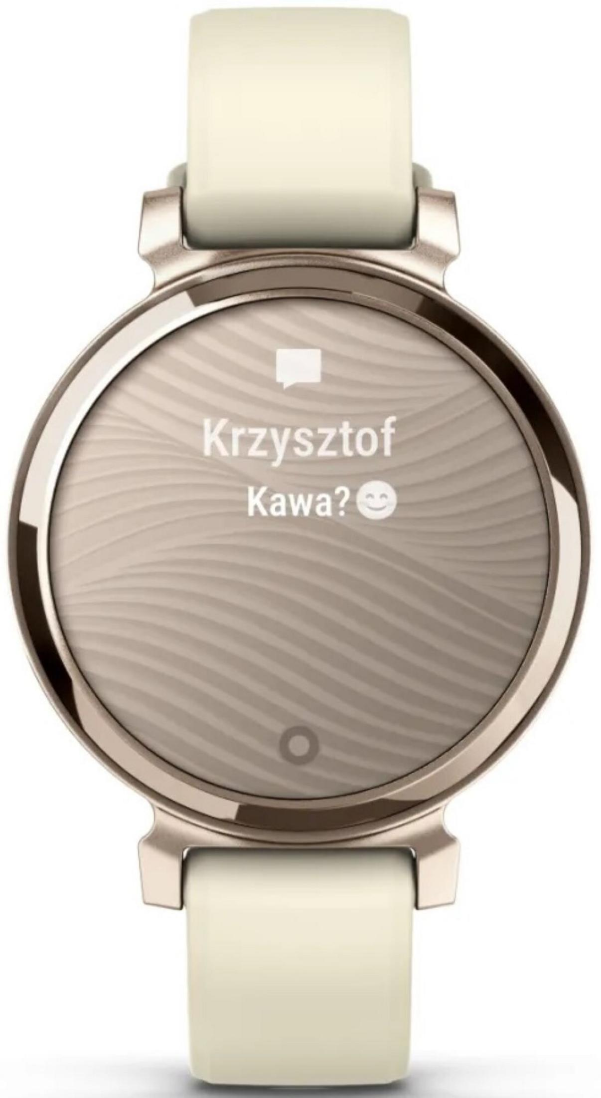 ¿Un reloj inteligente muestra el mensaje: Krzysztof Kawa? con una carita sonriente. Correas color crema y caja dorada.